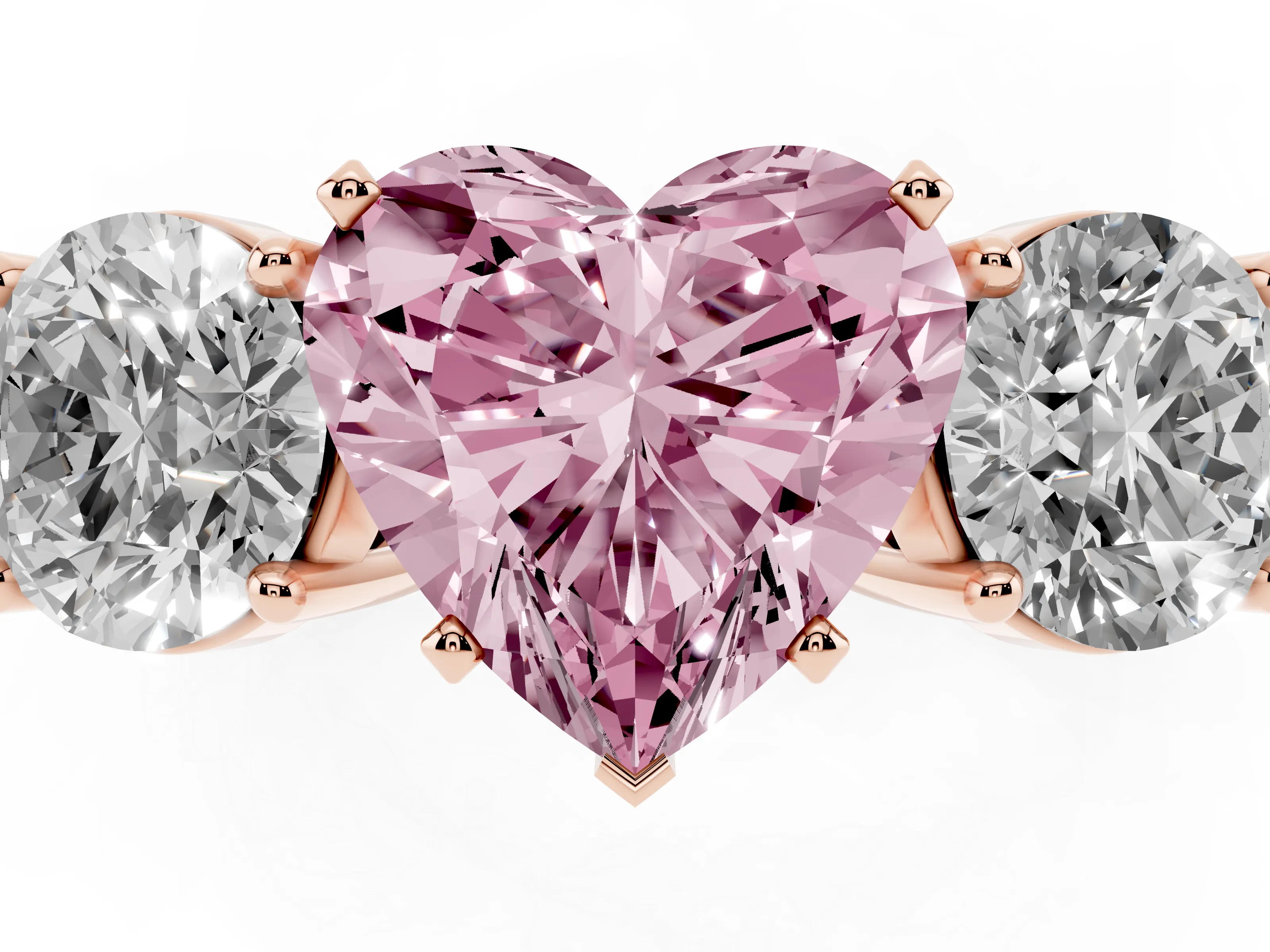 Fancy Pink Heart Cut Diamond Three-Stone Ring Set in Rose gold with Round Side Stones and Classic Band