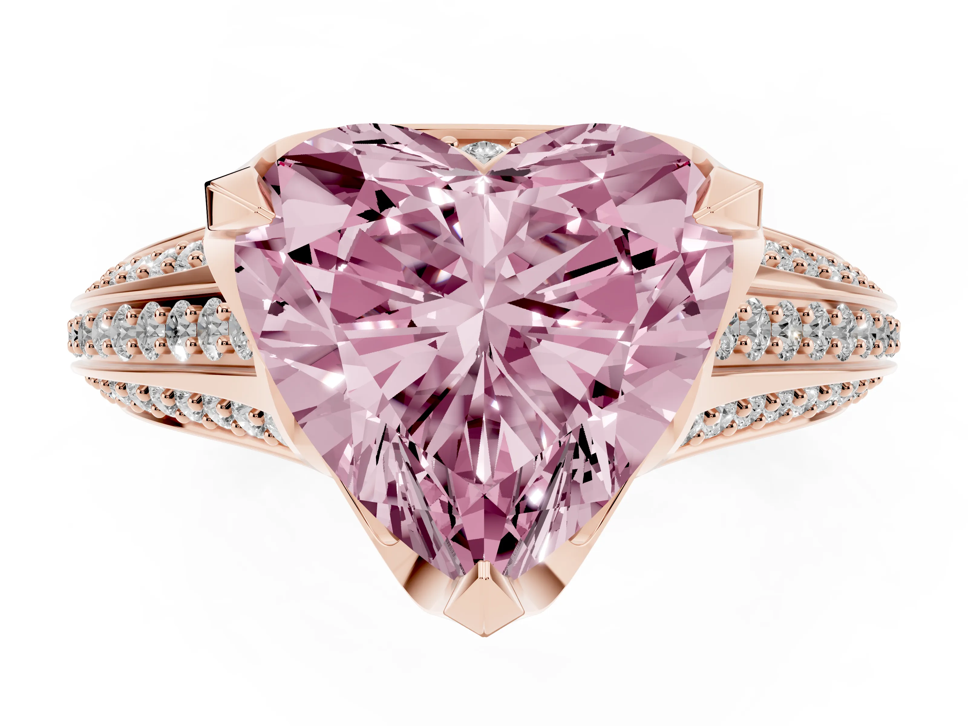 Fancy Pink Heart Cut Diamond Pavé Split Shank Solitaire Ring Set in Rose gold with Prong Setting