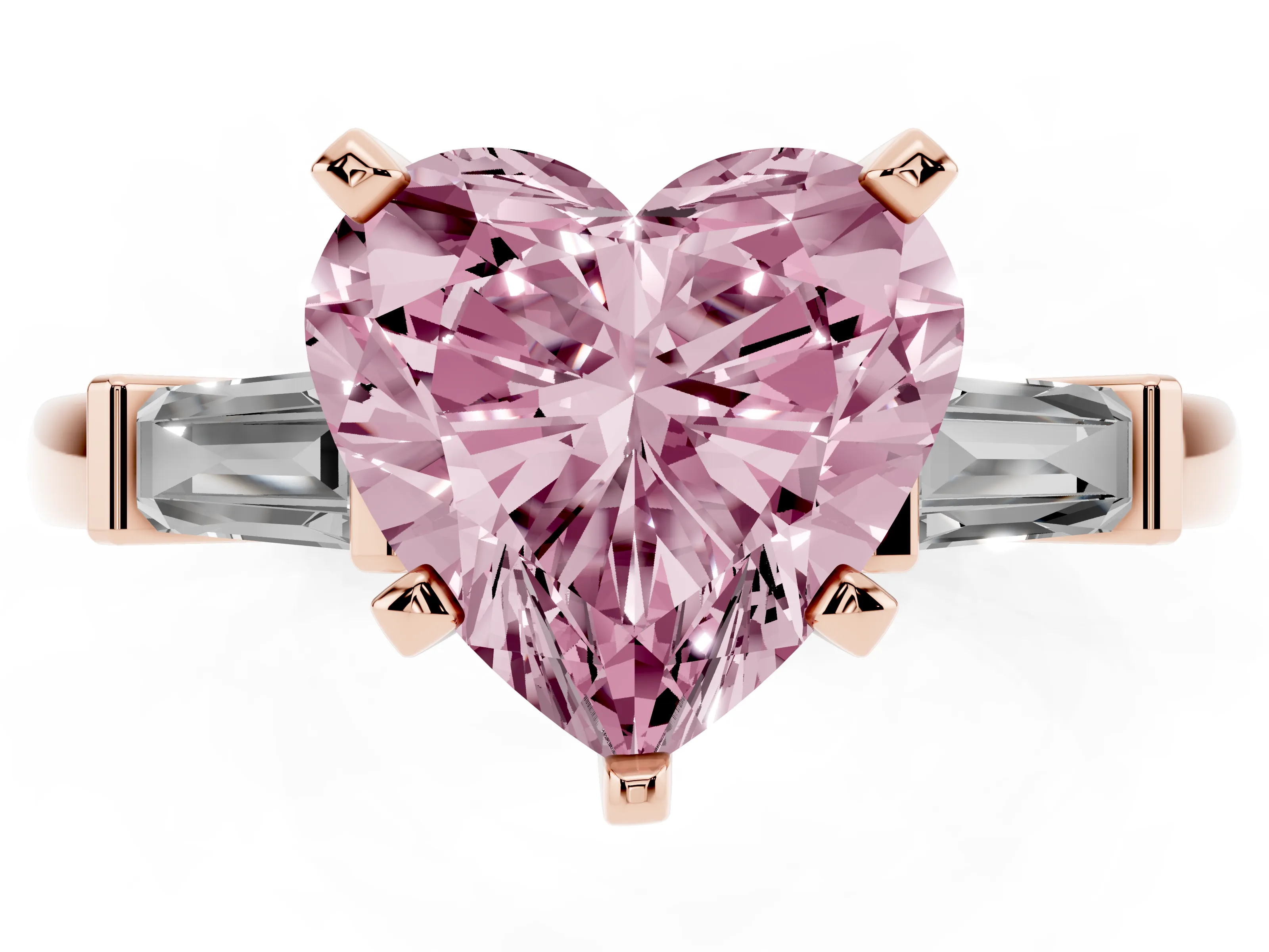 Fancy Pink Heart Cut Diamond Solitaire Ring Set in Rose gold with Tapered Baguette Accents and Prong Setting