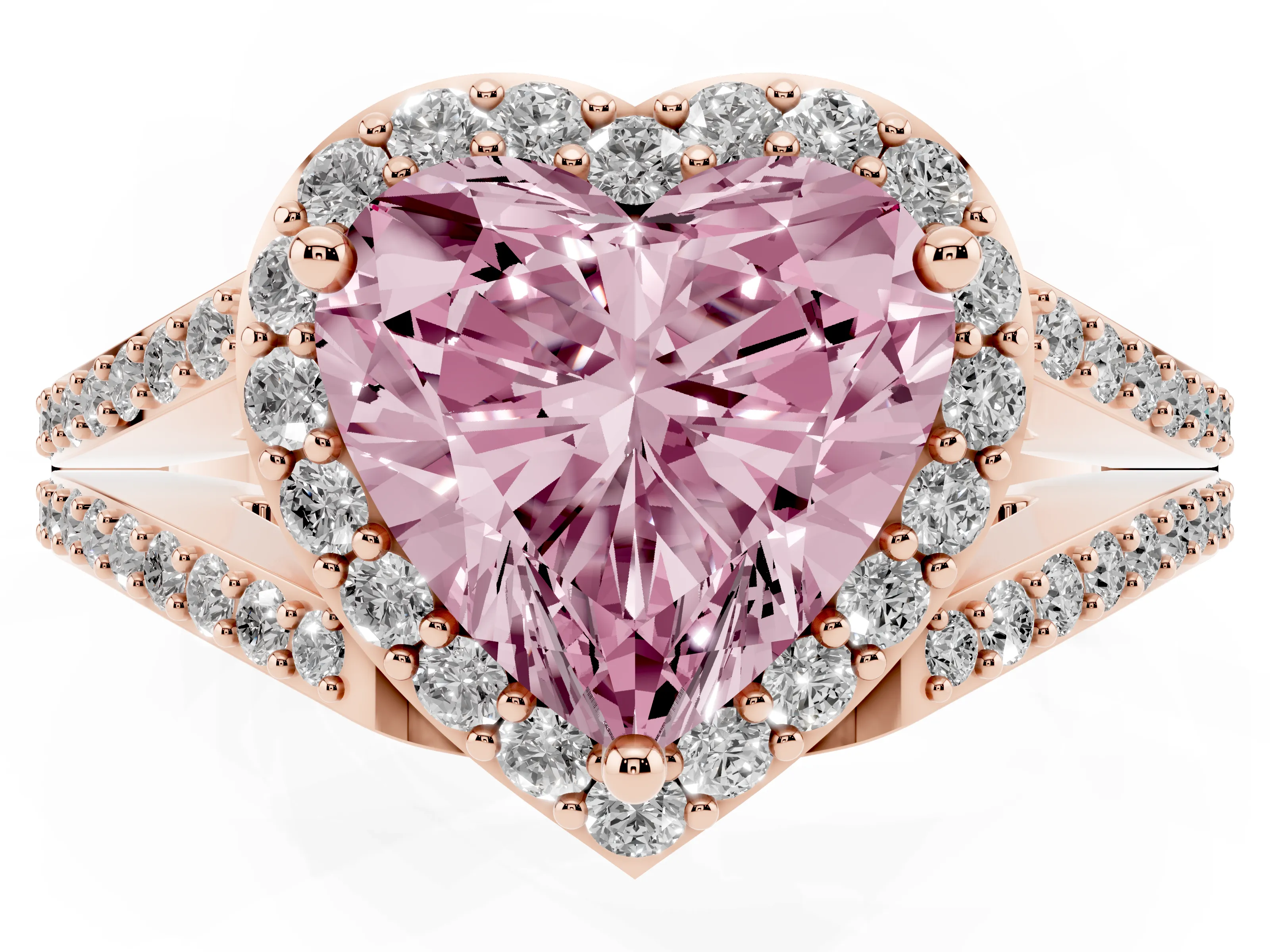 Fancy Pink Heart Cut Diamond Halo Split Shank Pavé Ring Set in Rose gold with Prong Setting