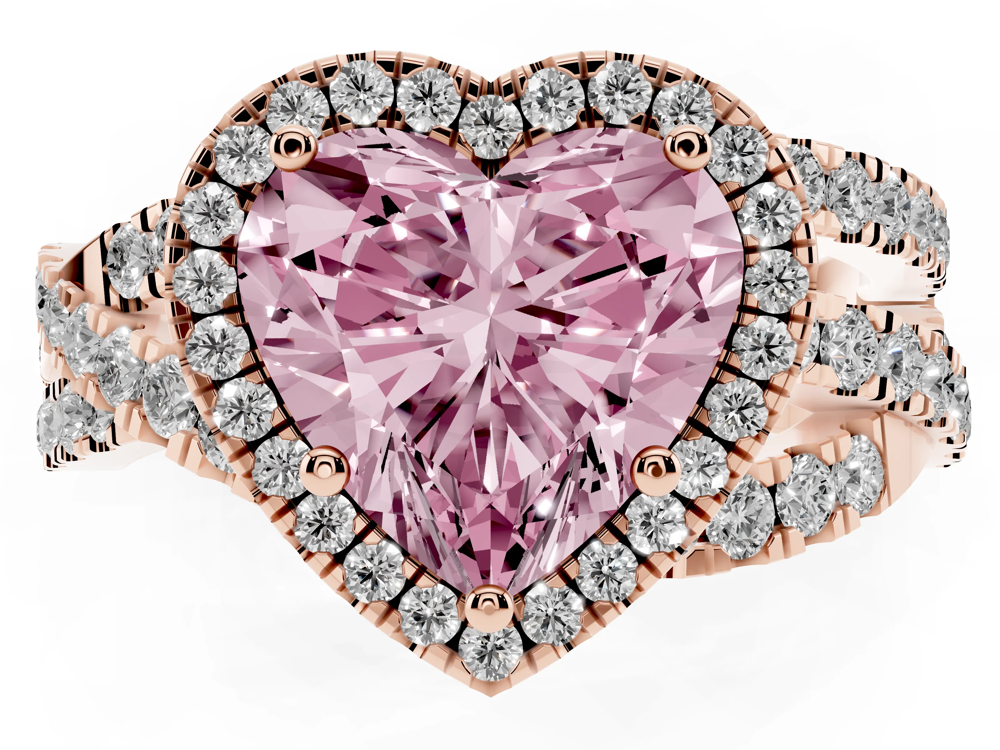 Fancy Pink Heart Cut Diamond Halo Ring Set in Rose gold with Round Crossover Split Shank and Prong Setting
