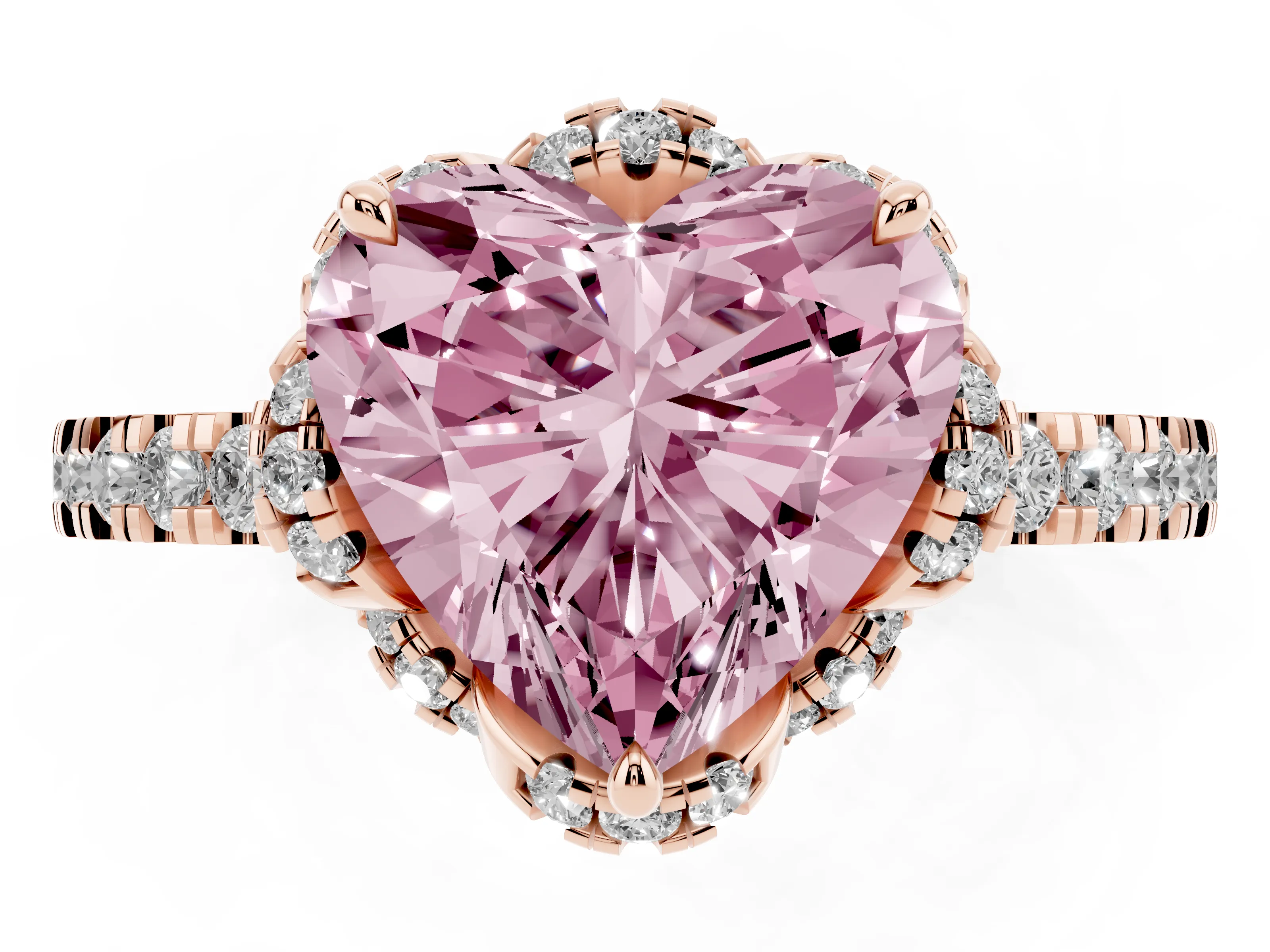 Fancy Pink Heart Cut Diamond Halo Pavé Band Ring Set in Rose gold with Prong-Held Center