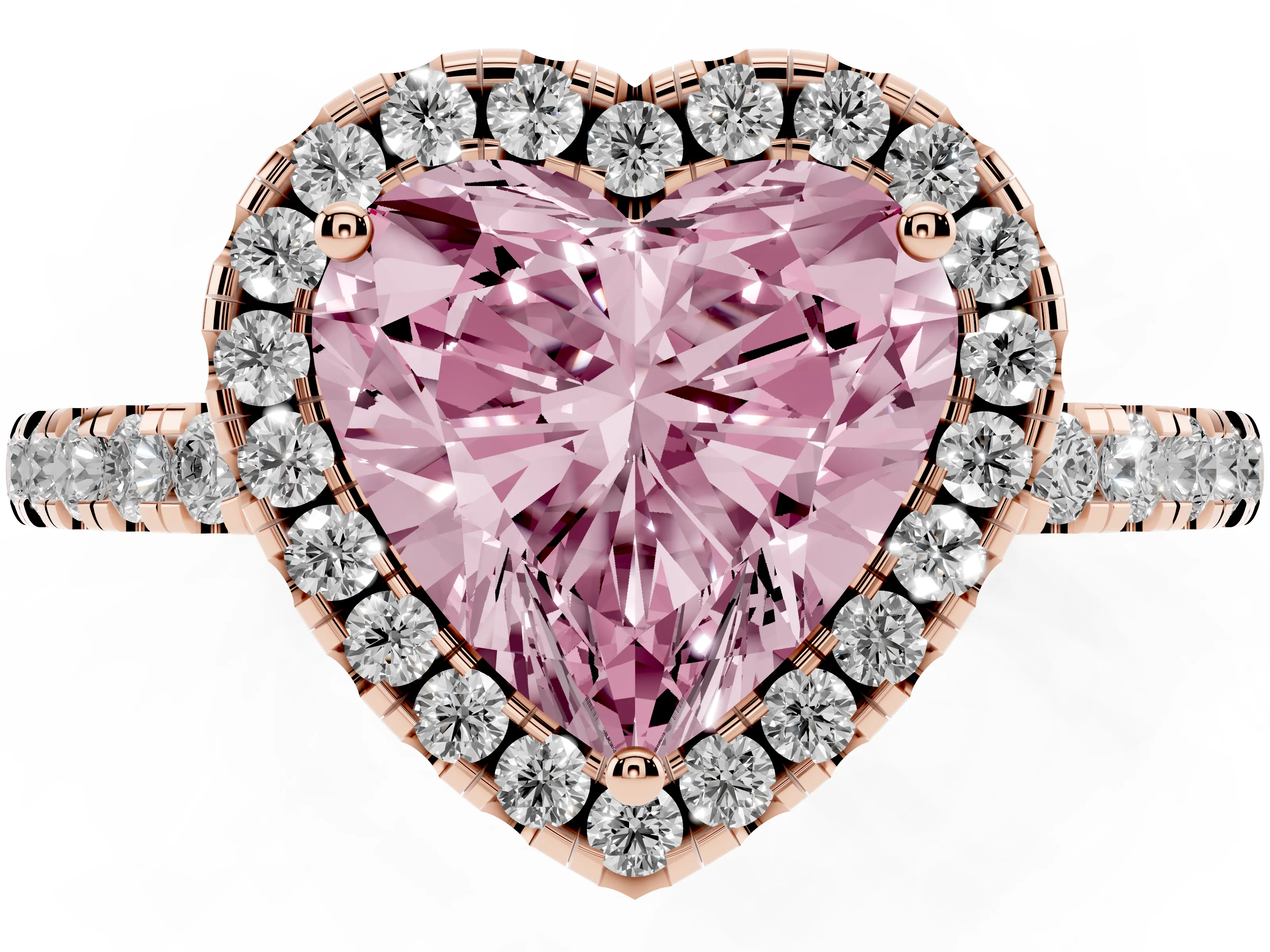Fancy Pink Heart Cut Diamond Pavé Band Halo Engagement Ring Set in Rose gold with Prong Setting