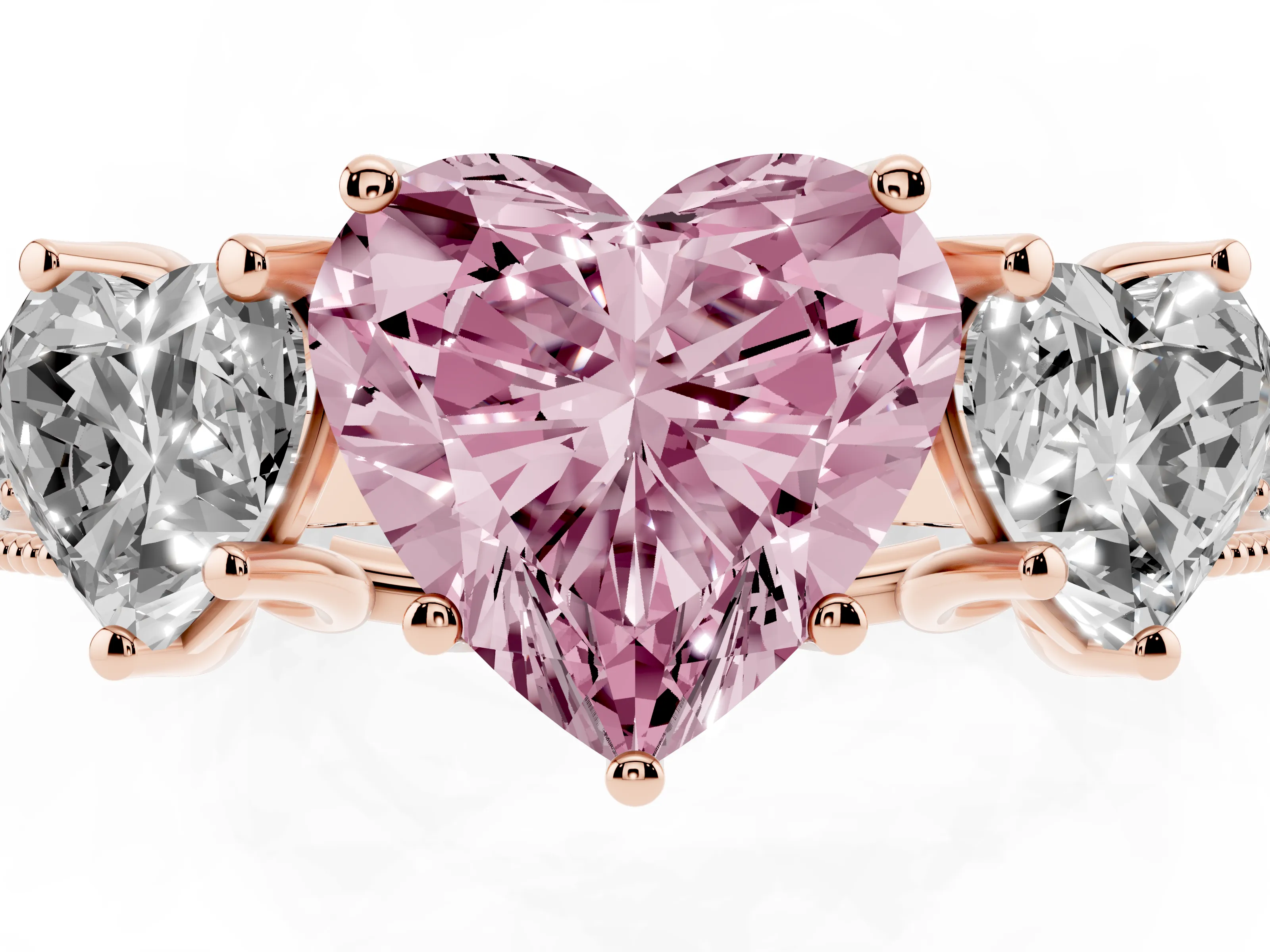 Fancy Pink Heart Cut Diamond Three-Stone Engagement Ring Set in Rose gold with Milgrain Pavé Band
