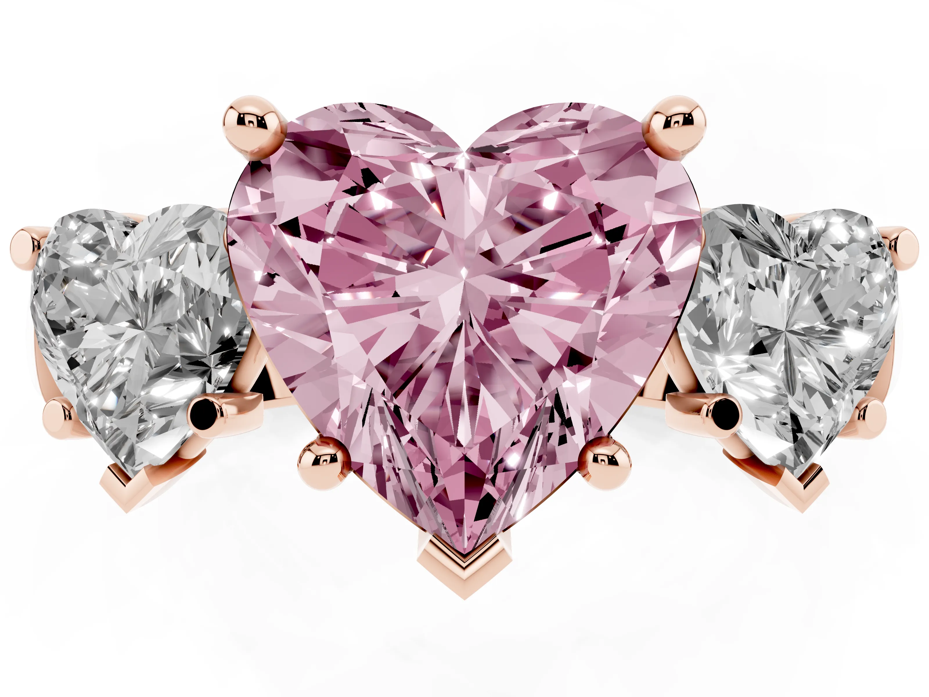 Fancy Pink Heart Cut Diamond Three-Stone Trellis Ring Set in Rose gold with Comfort Fit Band