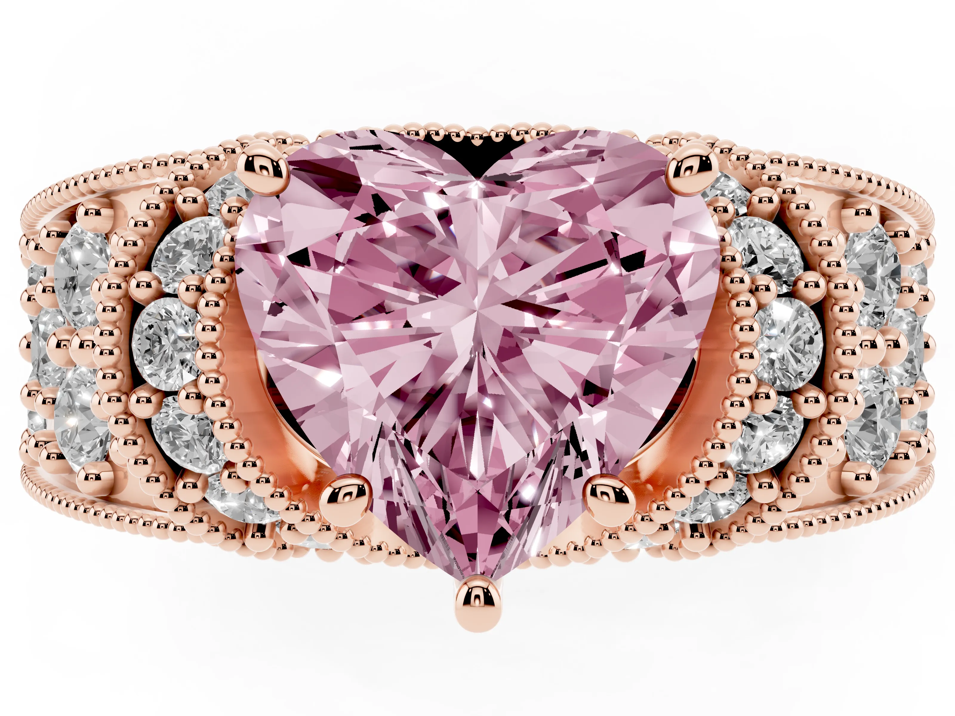 Fancy Pink Heart Cut Diamond Milgrain Halo Pavé Engagement Ring Set in Rose gold with Prong Setting