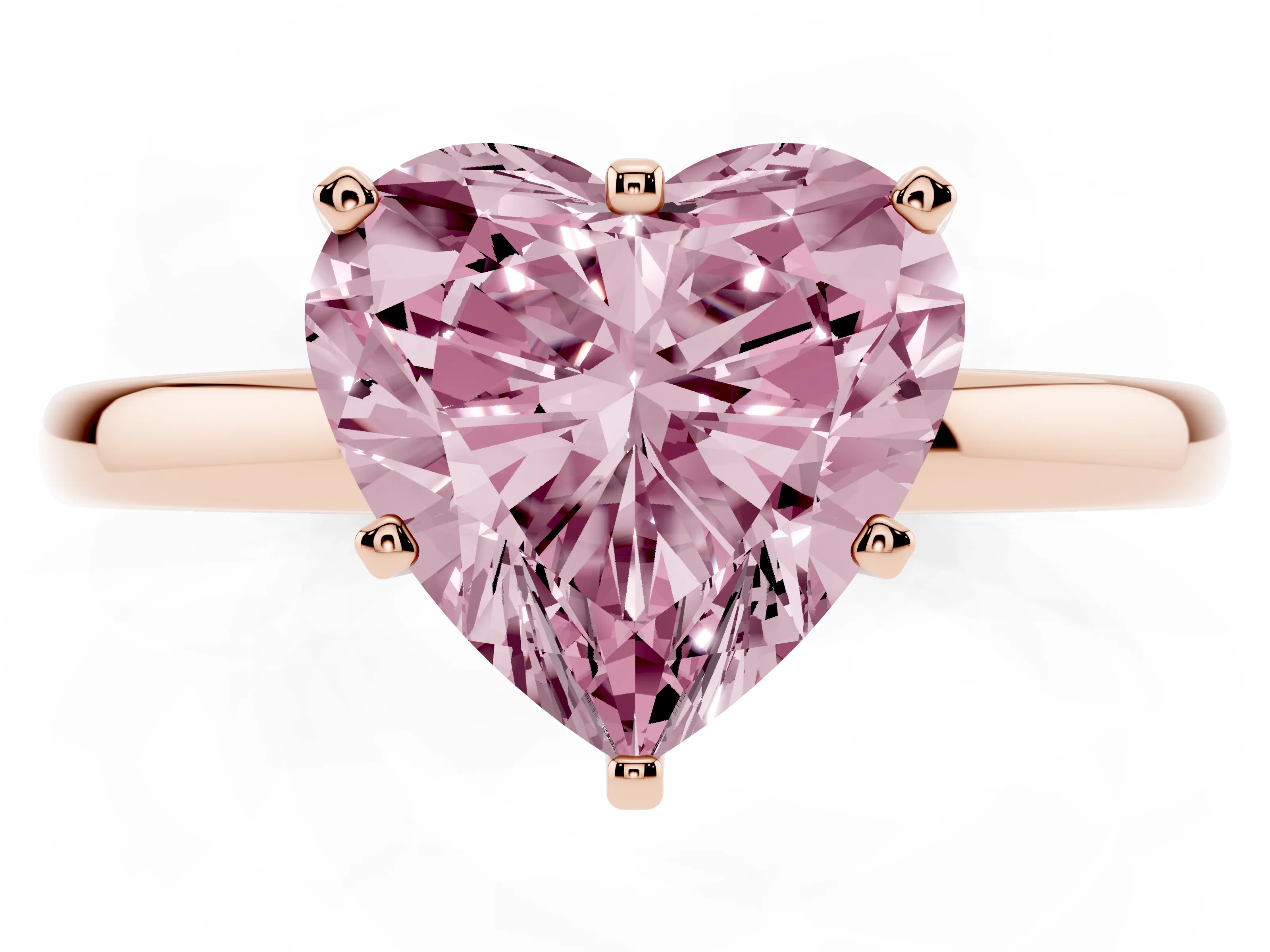 Fancy Pink Heart Cut Diamond Solitaire Ring Set in Rose gold with Raised Prong Setting on a Classic Band