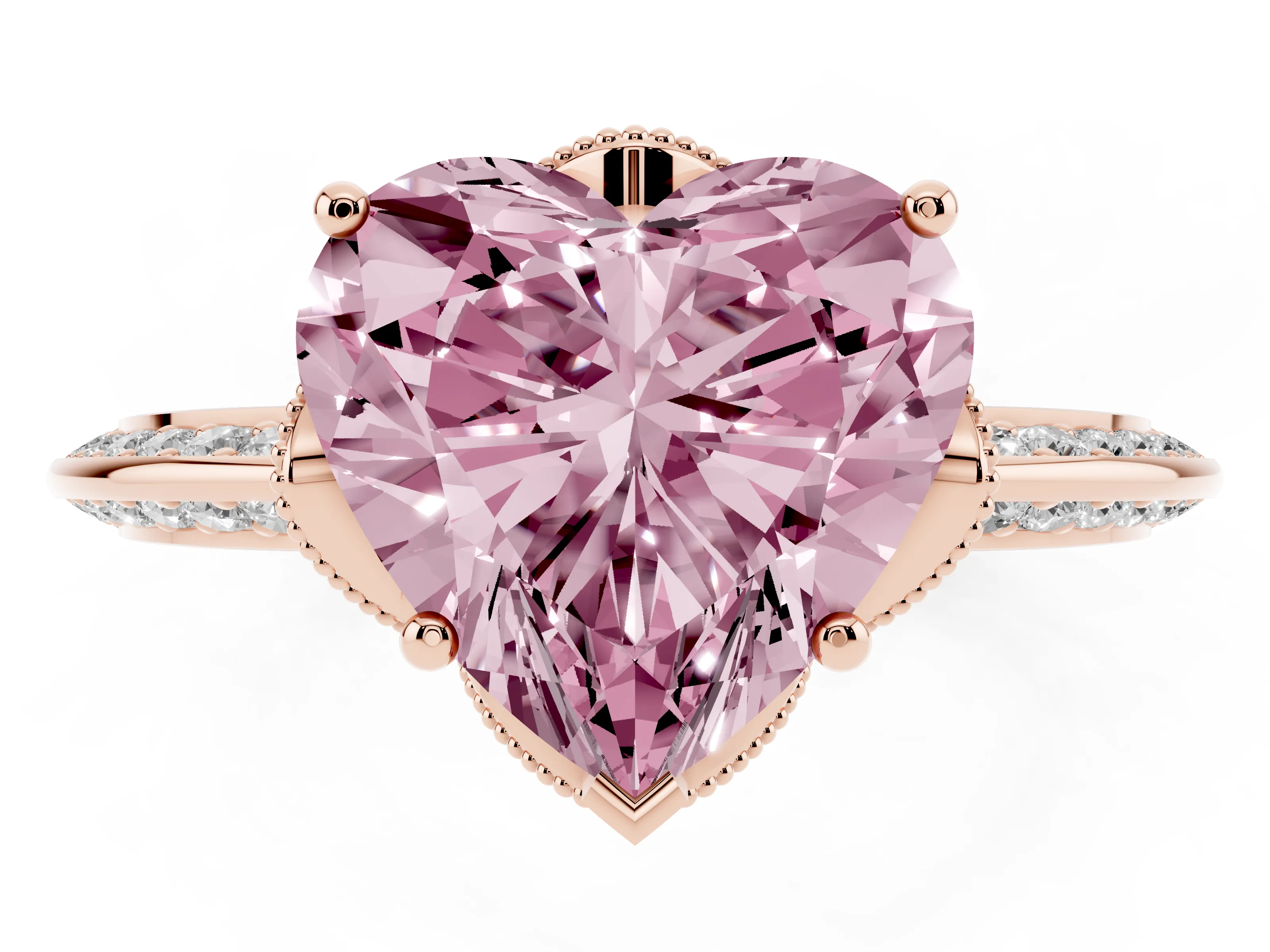 Fancy Pink Heart Cut Diamond Solitaire Engagement Ring Set in Rose gold with Pavé Split Shank and Prong Setting
