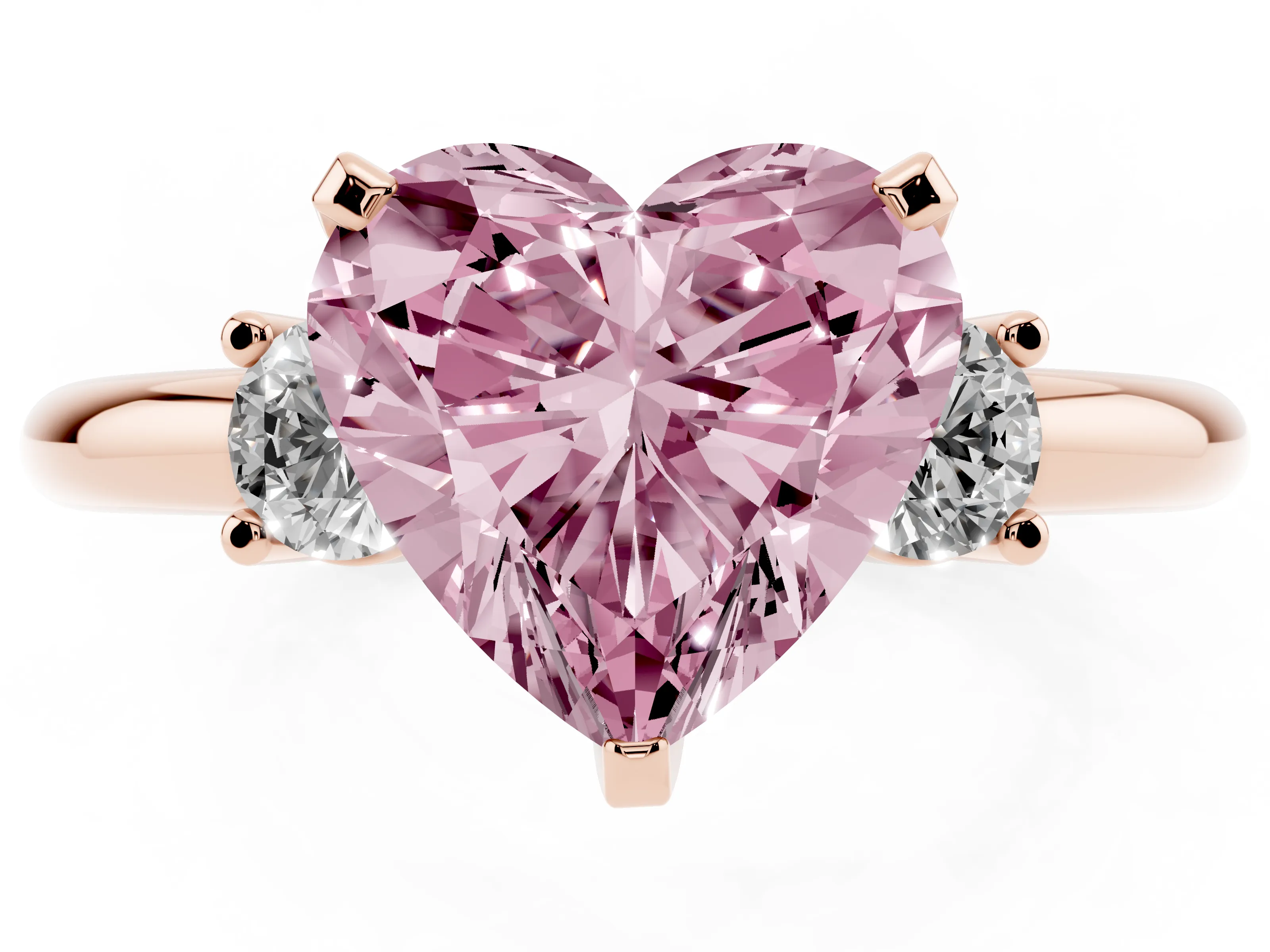 Fancy Pink Three-Stone Heart Cut Diamond Ring Set in Rose gold with Prong Setting and Plain Band