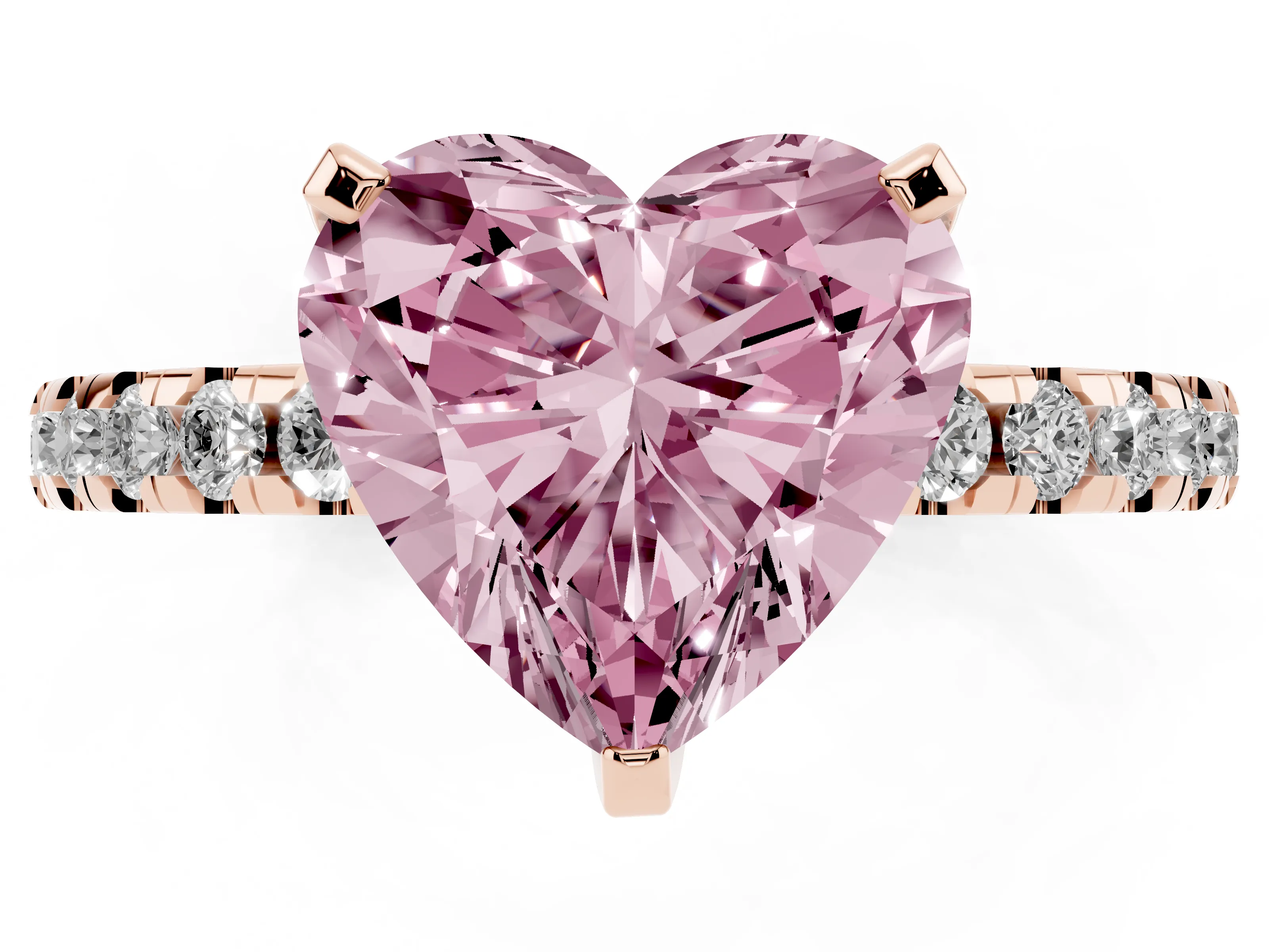 Fancy Pink Heart Cut Diamond Pavé Solitaire Ring Set in Rose gold with Round Band Accents and Prong Setting