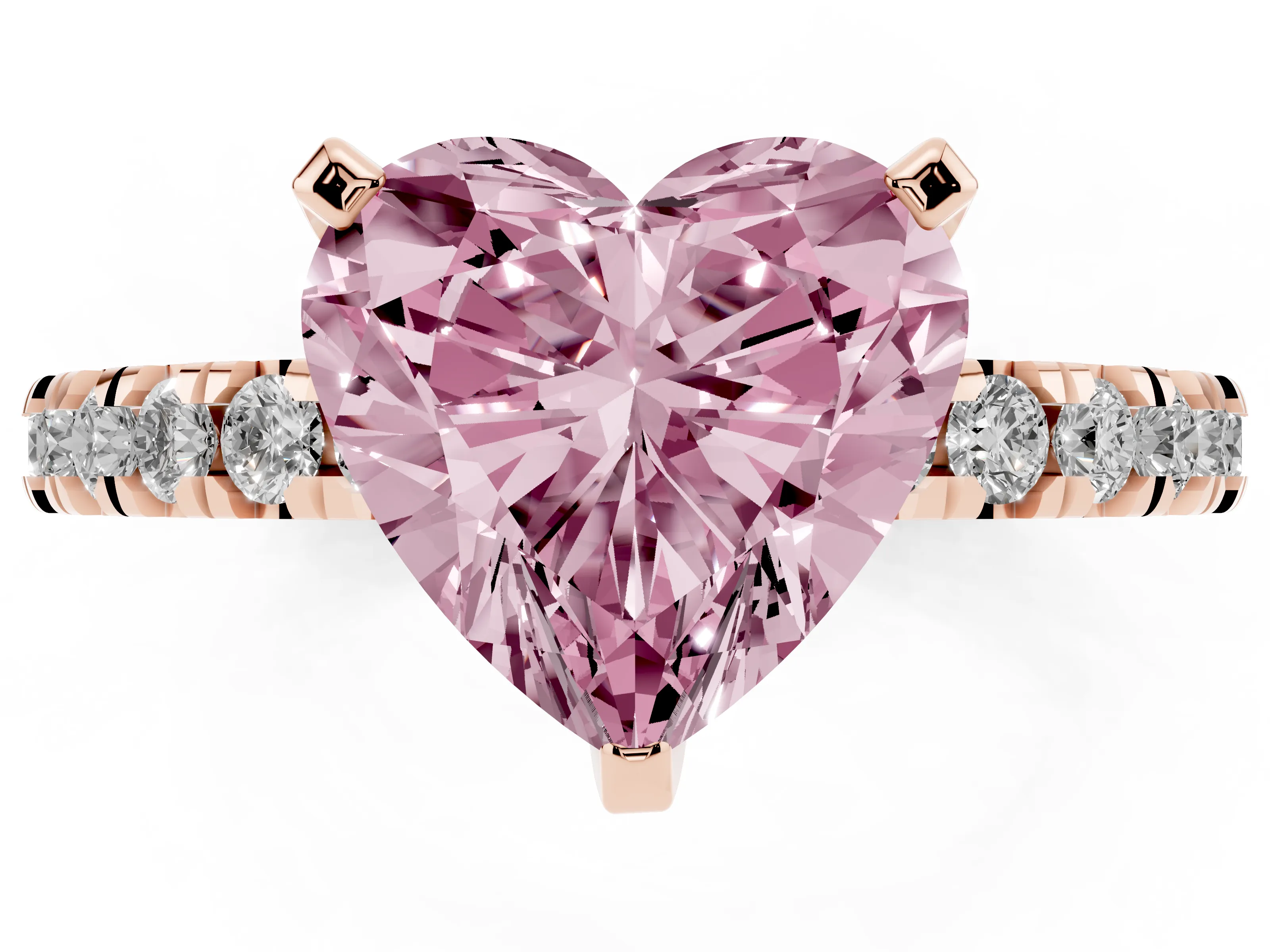 Fancy Pink Heart Cut Diamond Pavé Band Solitaire Set in Rose gold with Prong Setting
