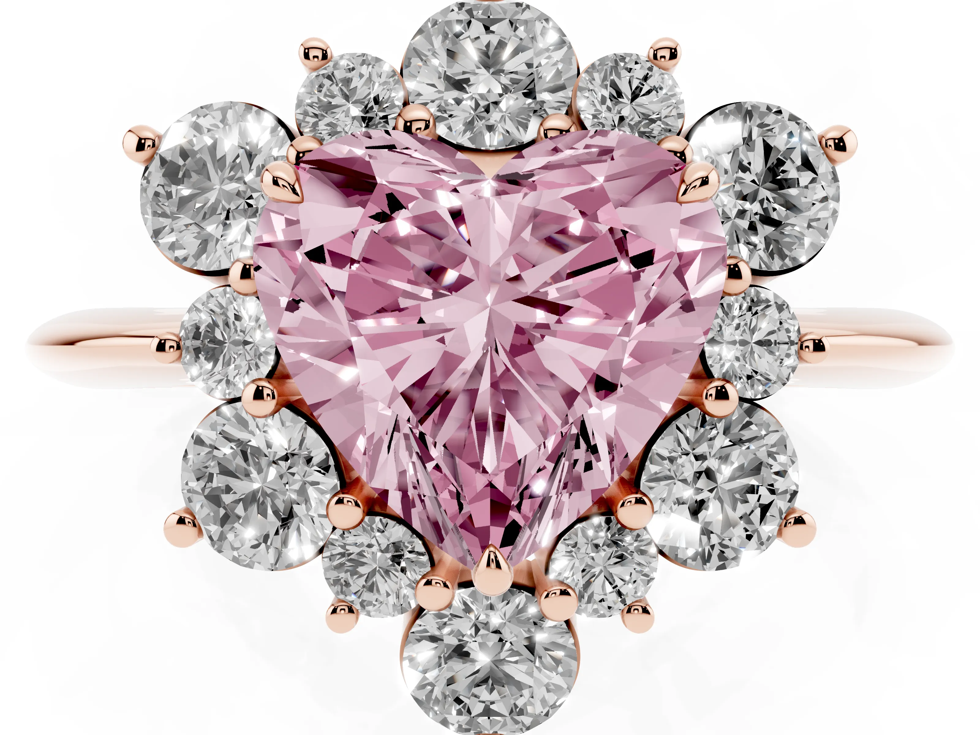 Fancy Pink Heart Cut Diamond Cluster Halo Ring Set in Rose gold with Solitaire Band and Prong Setting