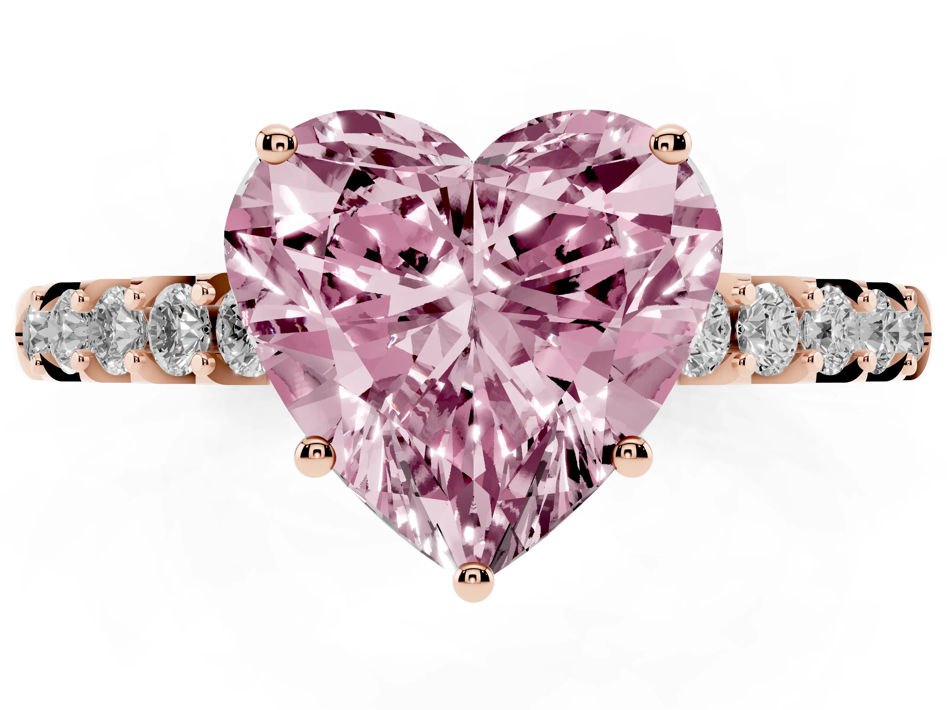 Fancy Pink Heart Cut Diamond Solitaire Engagement Ring Set in Rose gold with Pavé Band and Prong Setting