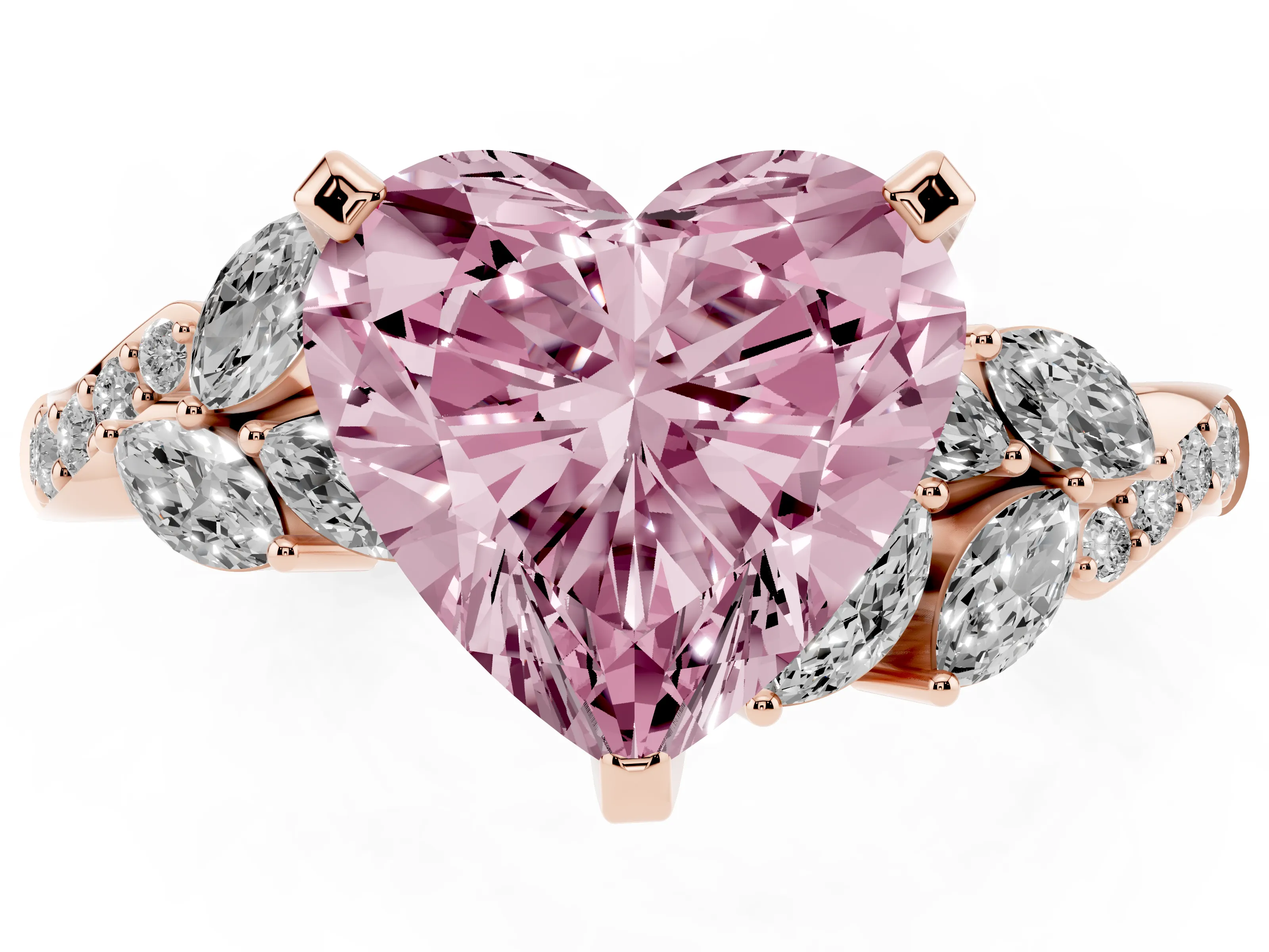 Fancy Pink Heart Cut Diamond Solitaire Ring Set in Rose gold with Marquise Twist Band and Prong Setting