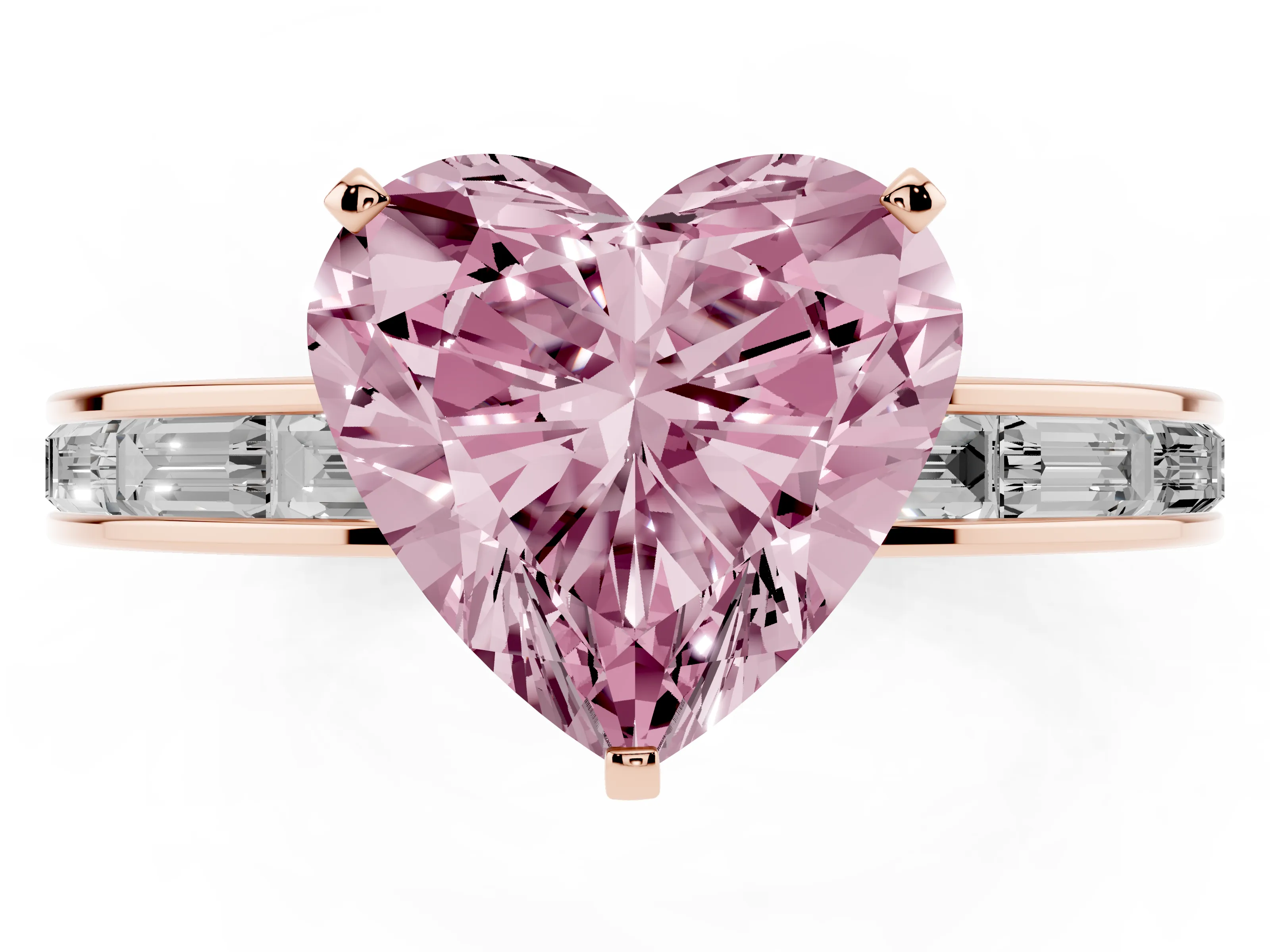 Fancy Pink Heart Cut Diamond Solitaire Ring Set in Rose gold with Channel-Set Baguette Band and Prong Setting