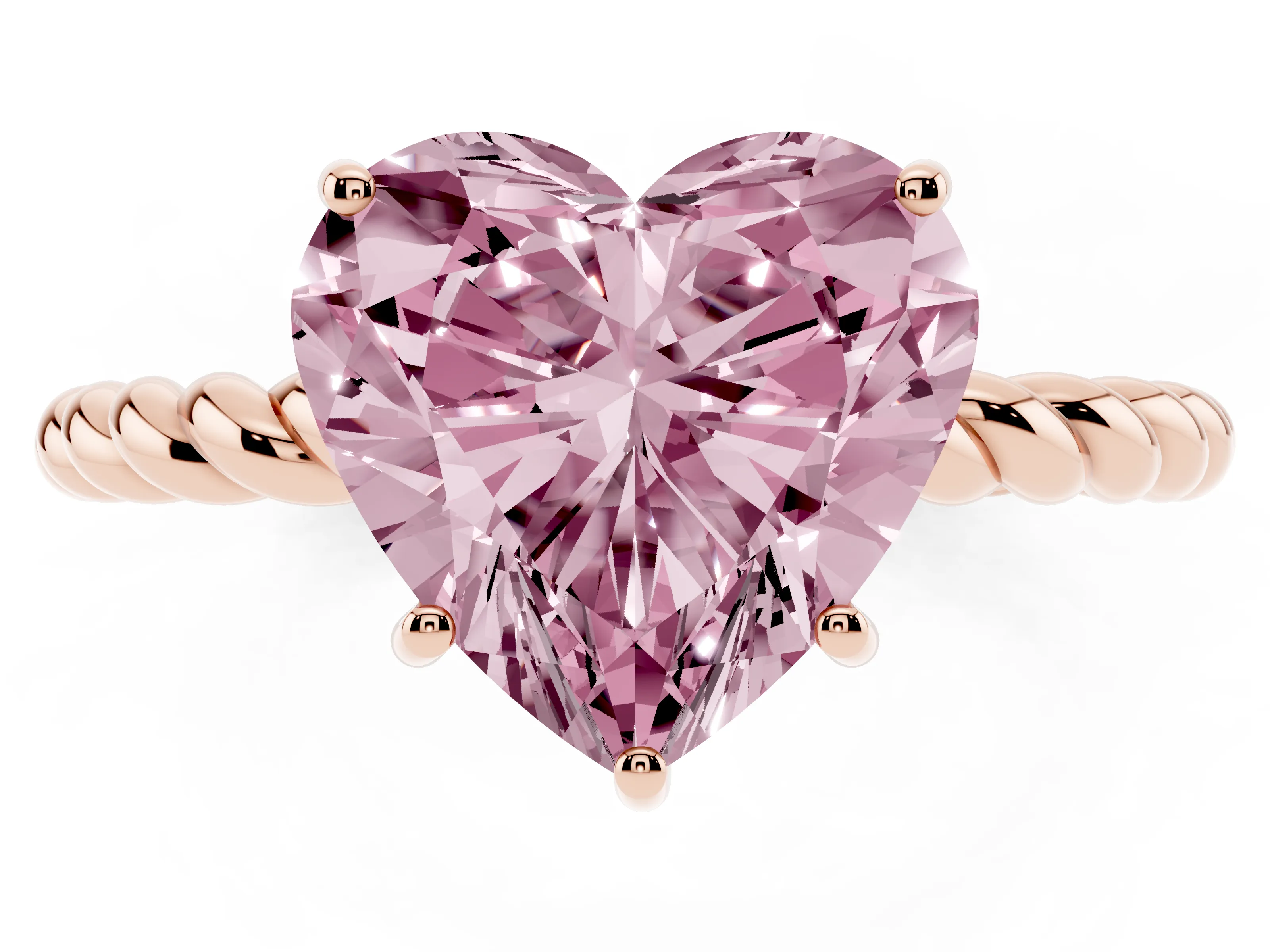 Fancy Pink Heart Cut Diamond Solitaire Ring Set in Rose gold with Twist Band and Prong Setting
