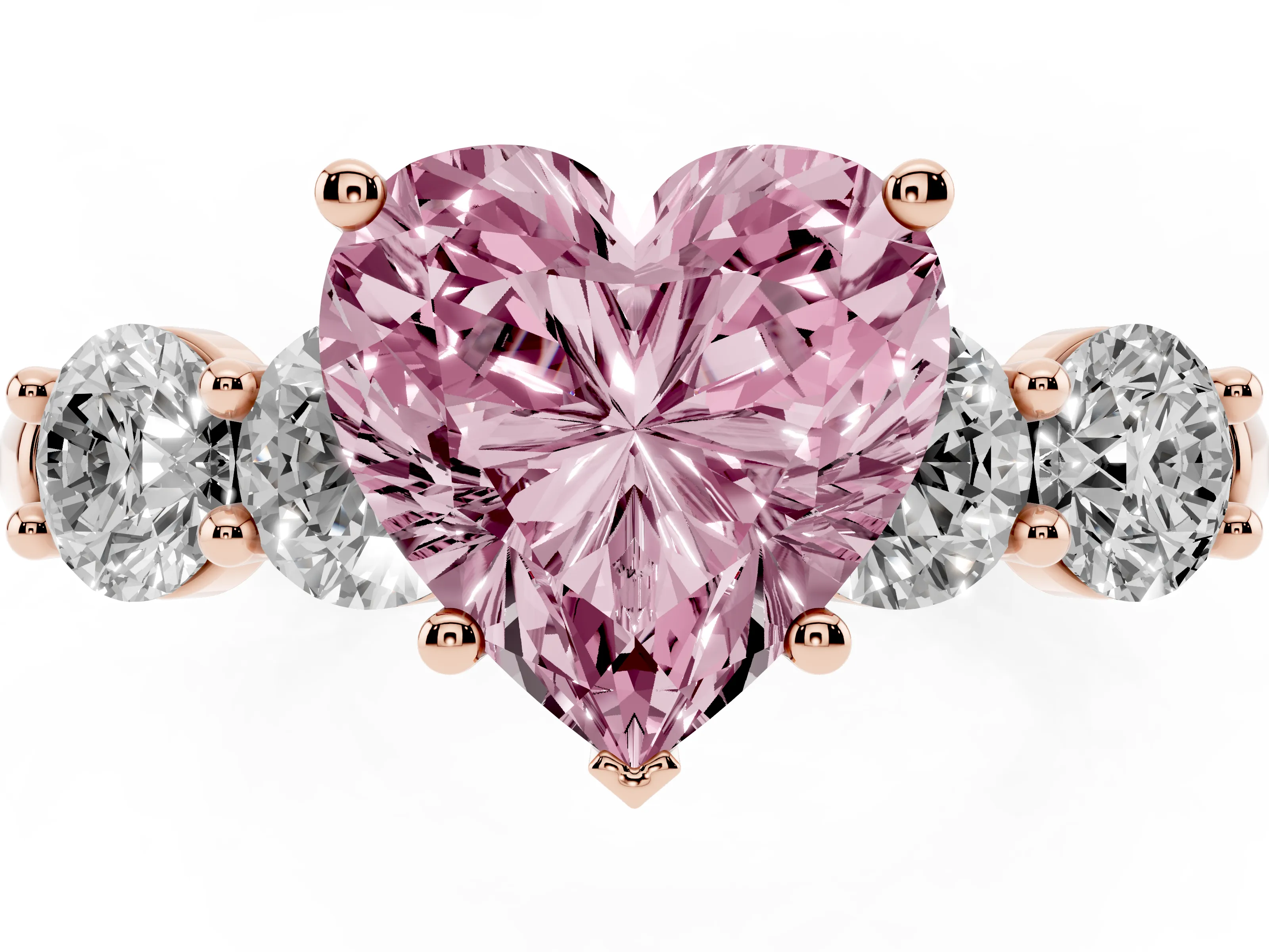 Fancy Pink Heart Cut Diamond Five-Stone Prong Set Ring Set in Rose gold with Classic Band