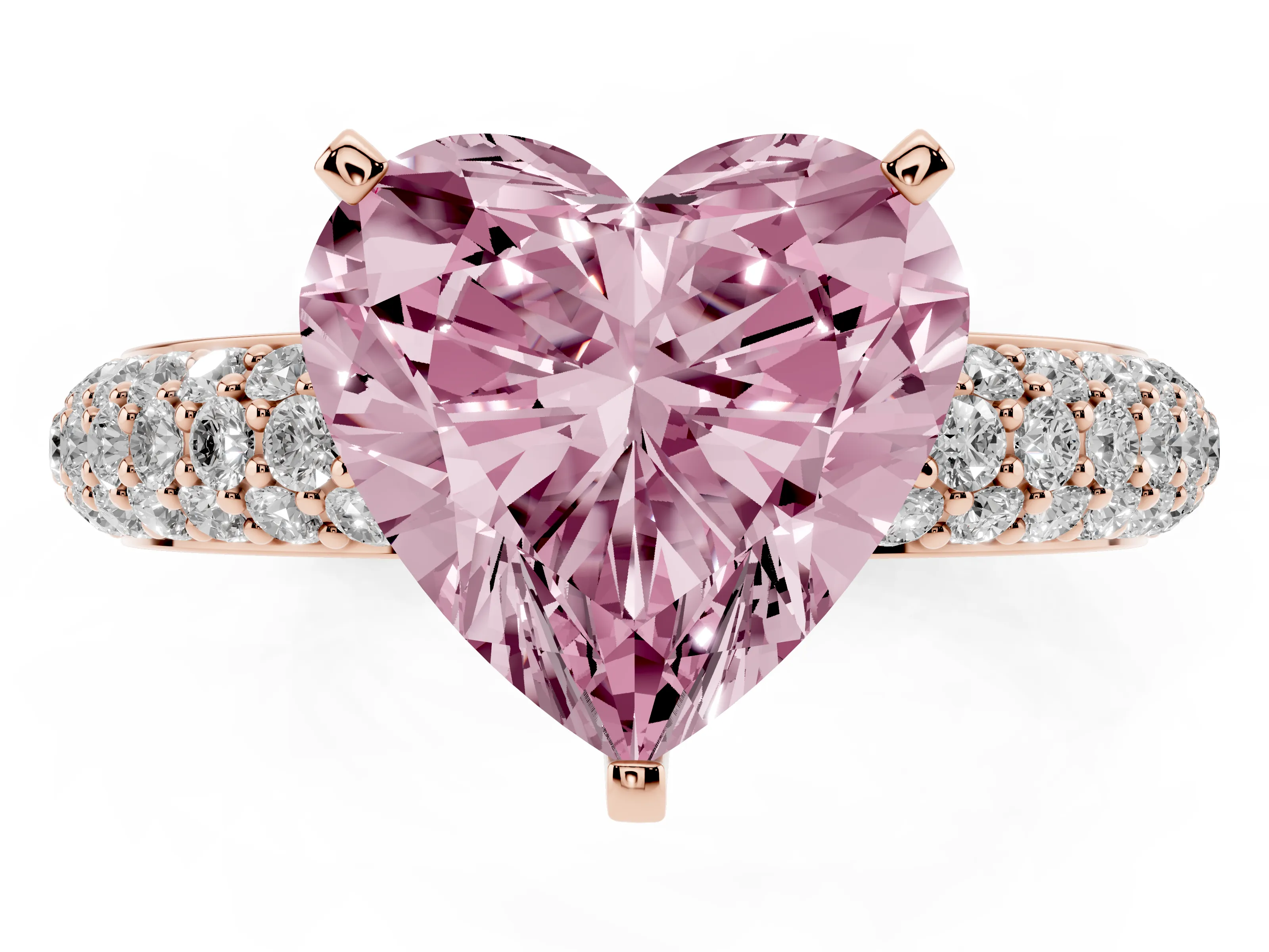 Fancy Pink Heart Cut Diamond Solitaire Ring Set in Rose gold with Prong Setting and Pavé-Set Band