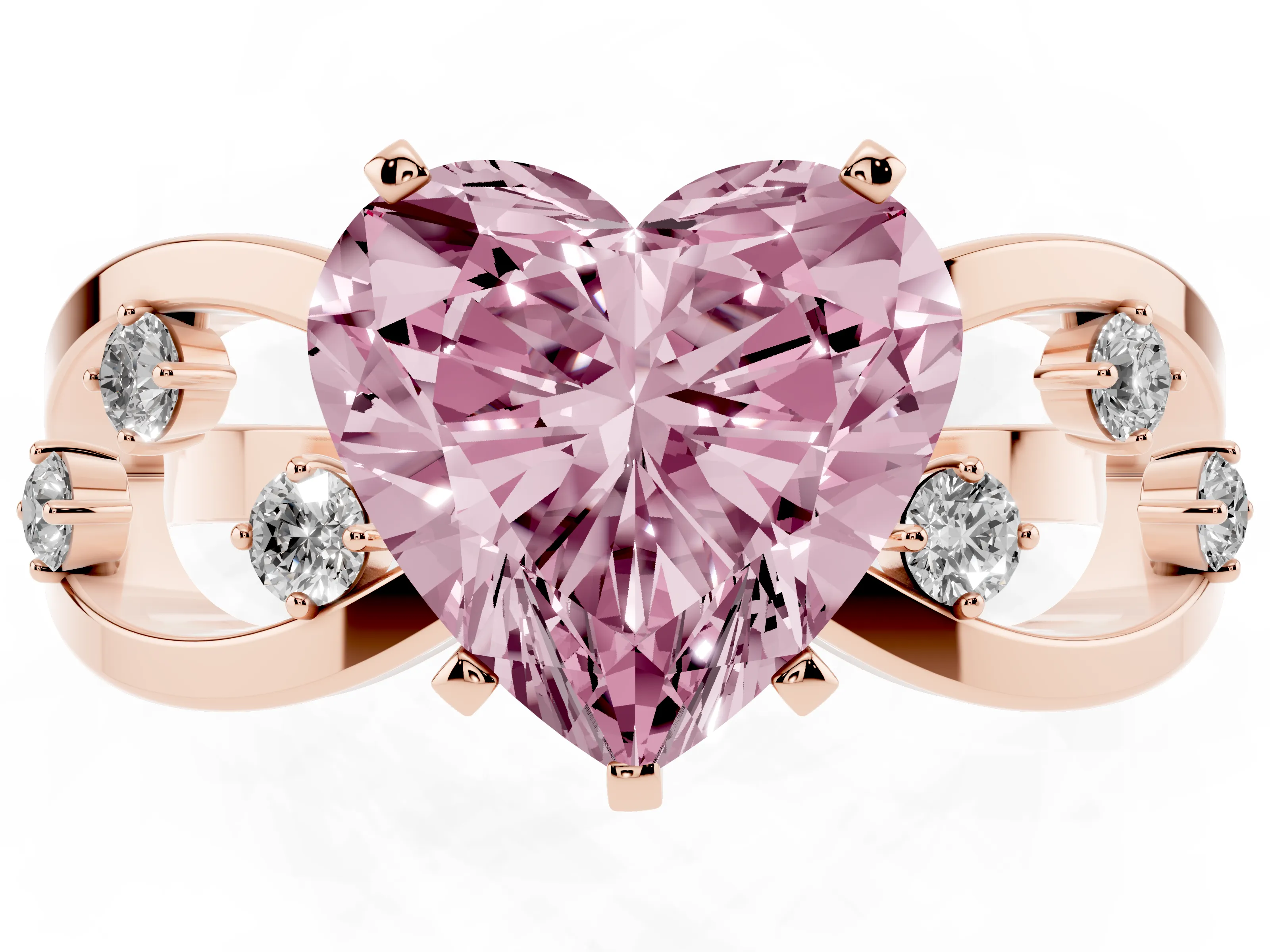 Fancy Pink Heart Cut Diamond Solitaire Ring Set in Rose gold with Side Stones on Criss-Cross Band and Prong Setting