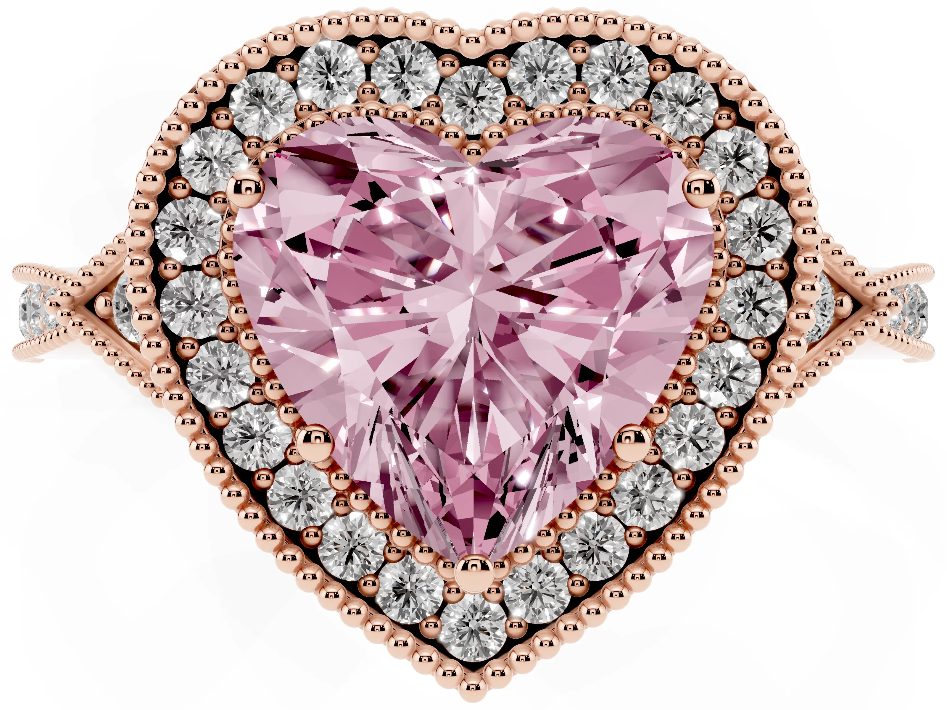 Fancy Pink Heart Cut Diamond Halo Engagement Ring Set in Rose gold with Milgrain Pavé Band