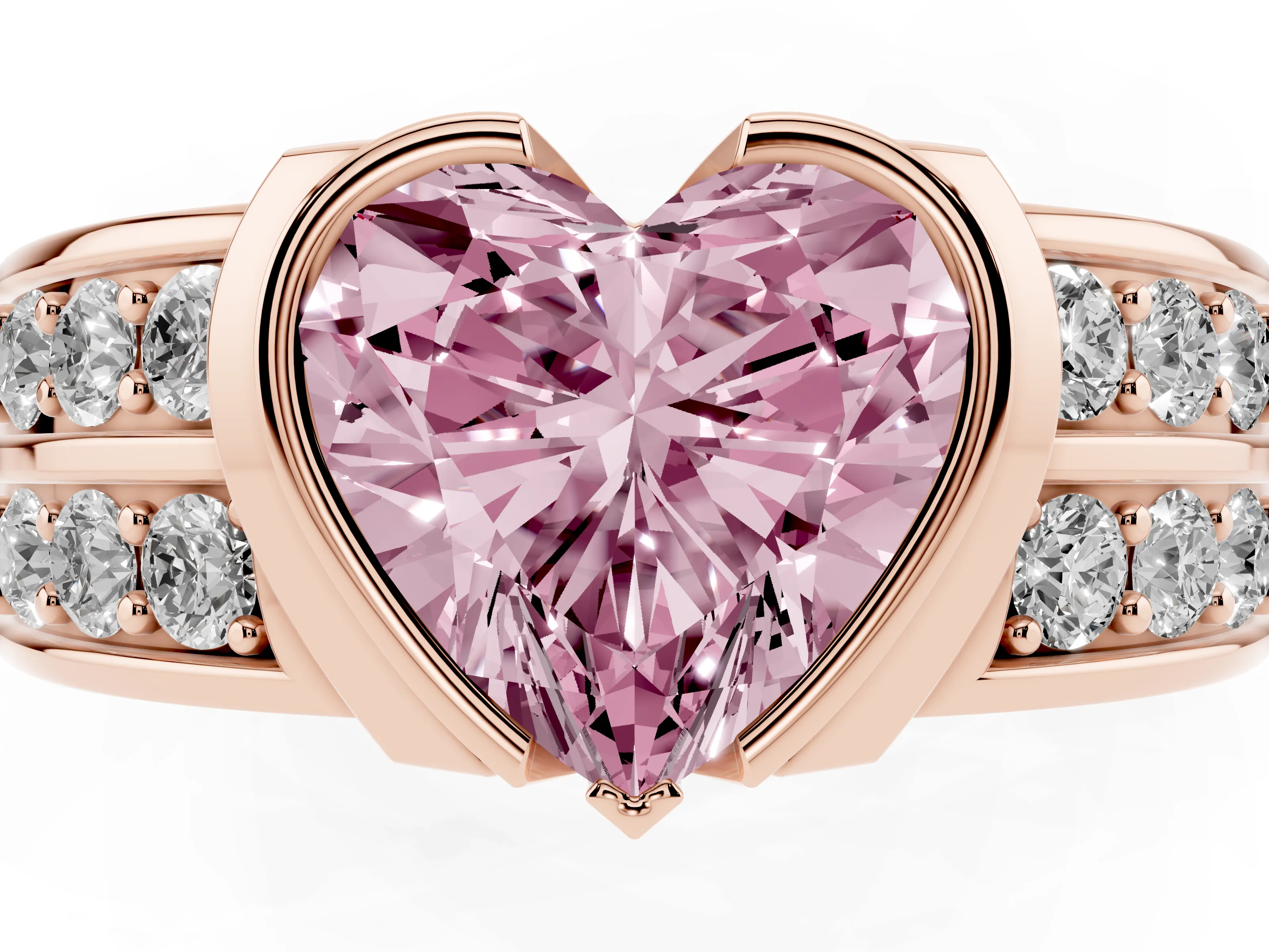 Fancy Pink Heart Cut Diamond Wide Channel Set Band Ring Set in Rose gold with Bezel Setting