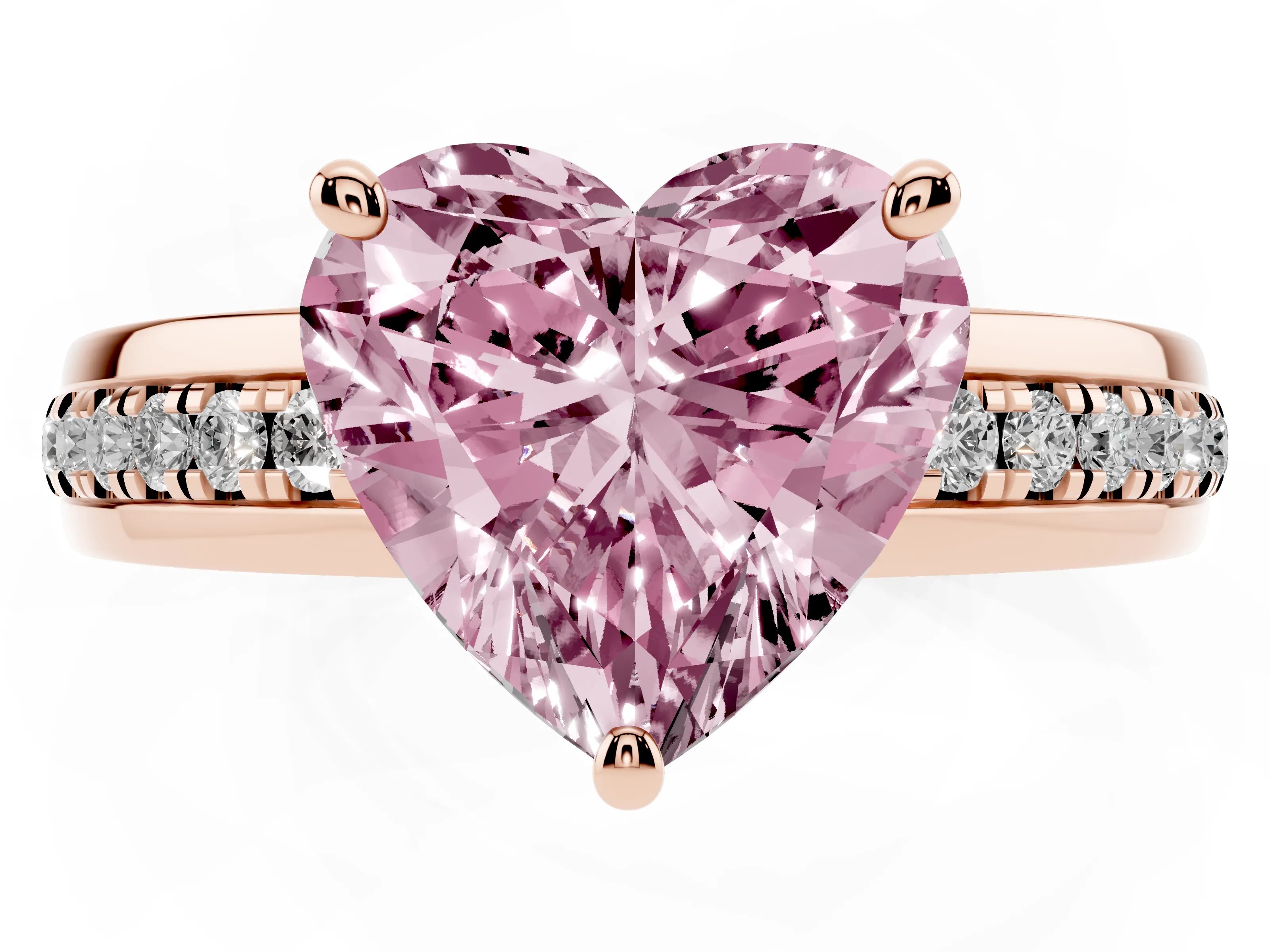 Fancy Pink Heart Cut Diamond Solitaire Ring Set in Rose gold with Channel Set Band and Prong Setting