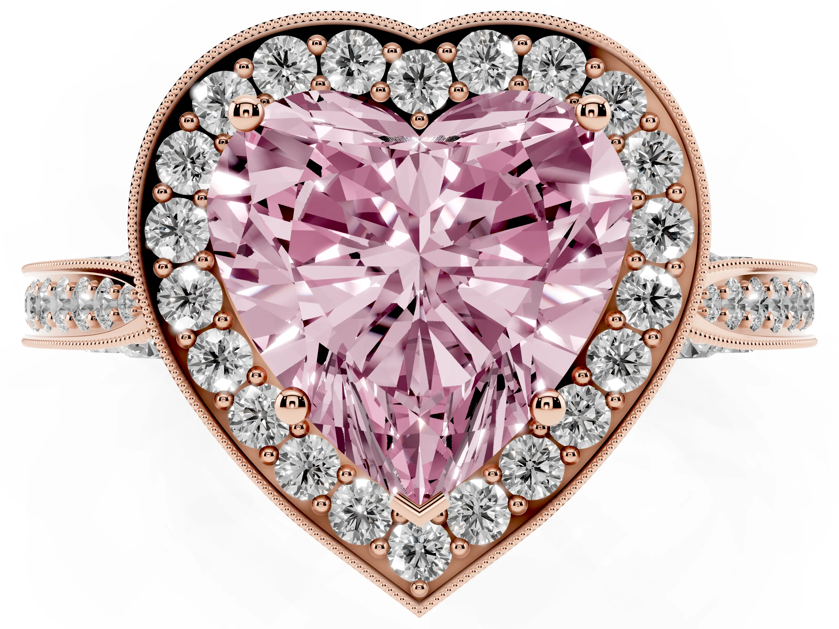 Fancy Pink Heart Cut Diamond Halo Engagement Ring Set in Rose gold with Accent Split Shank Band