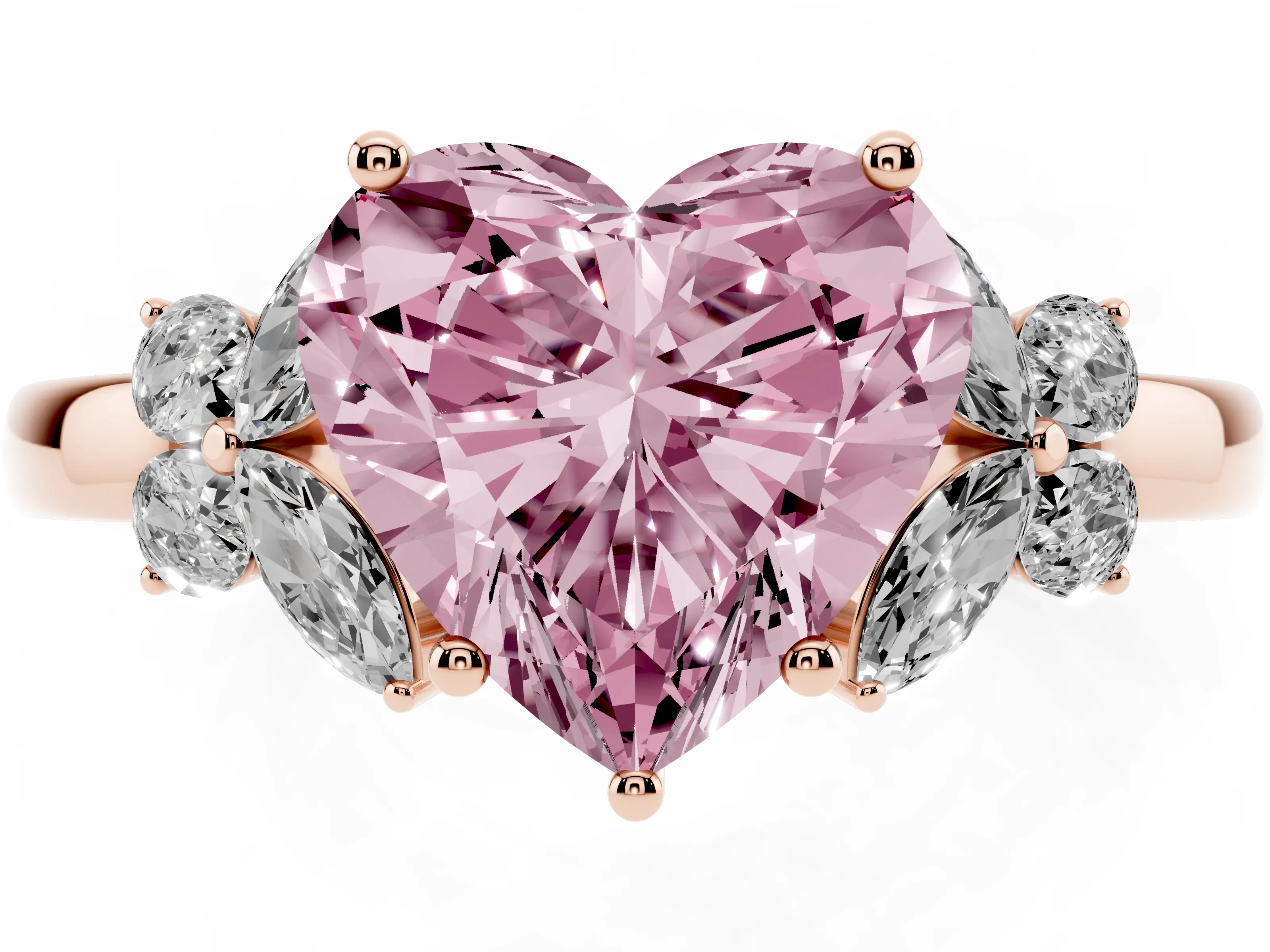 Fancy Pink Heart Cut Diamond Solitaire Floral Ring Set in Rose gold with Marquise Petals and Prong Setting