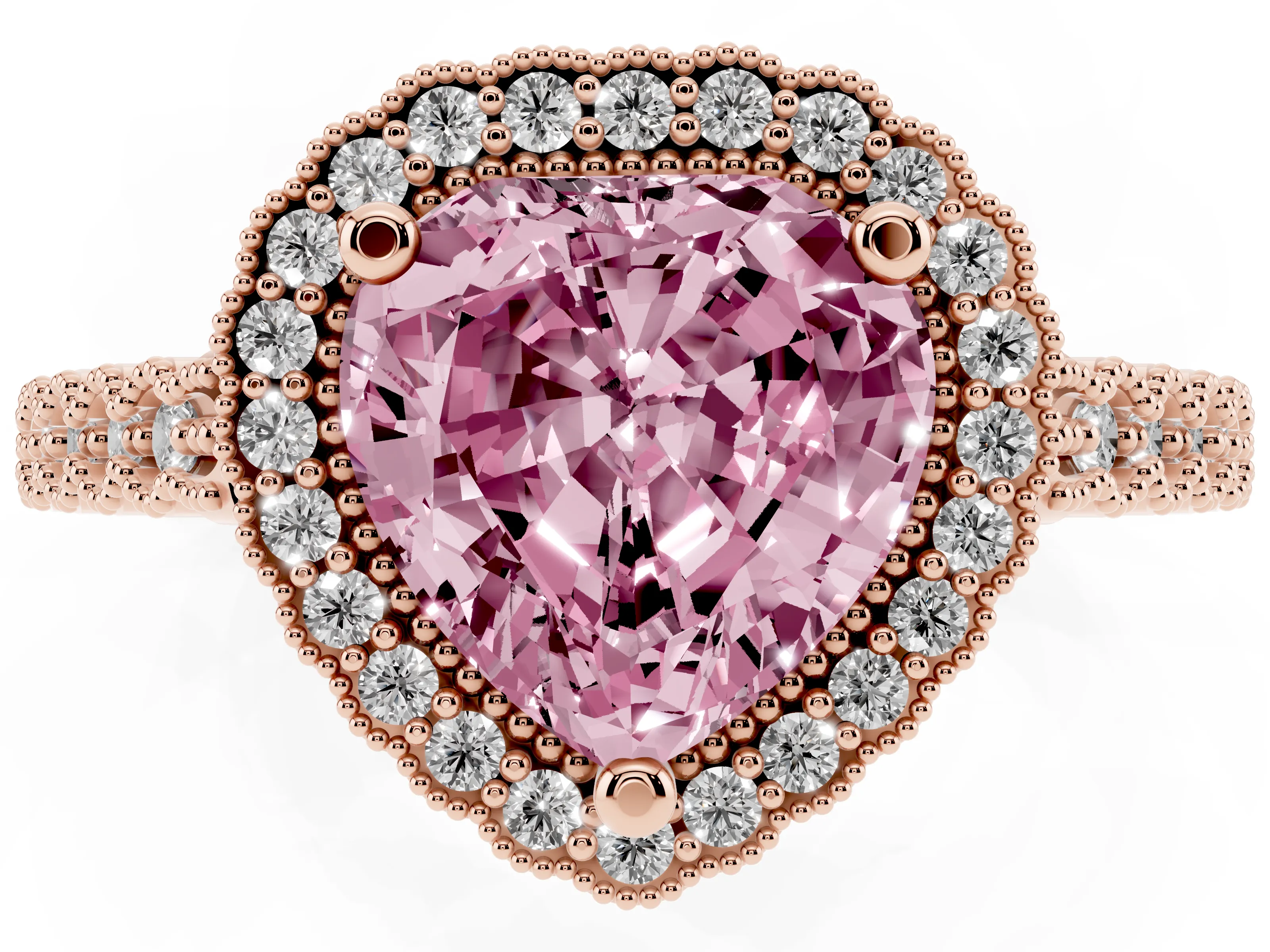 Fancy Pink Heart Cut Diamond Halo Ring Set in Rose gold with Pavé Milgrain Band