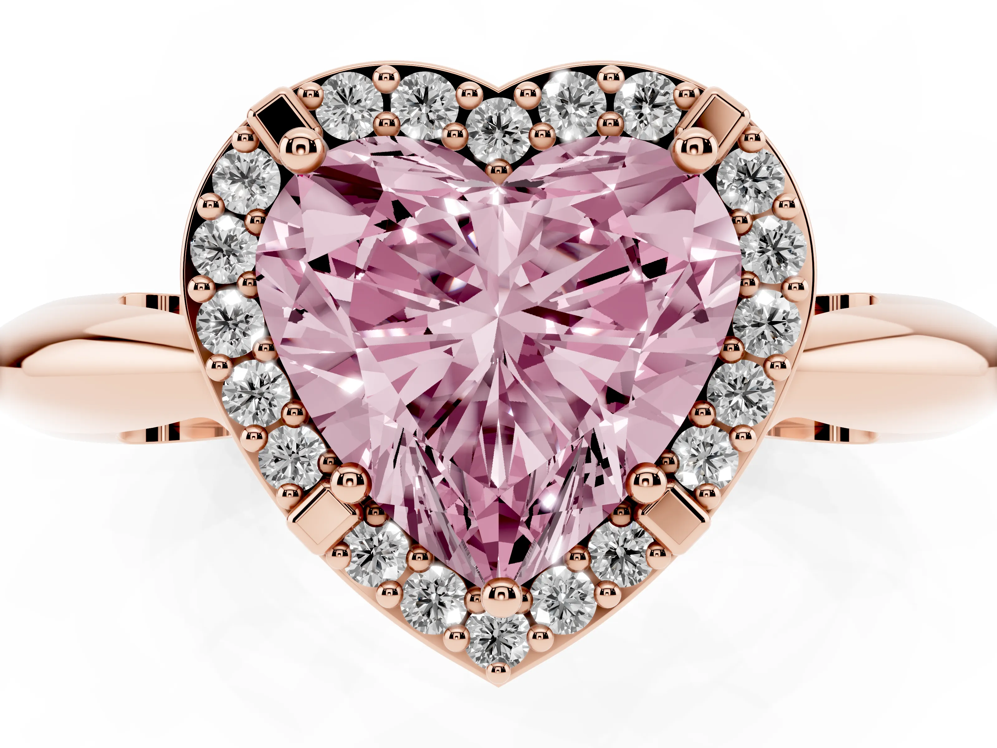 Fancy Pink Heart Cut Diamond Halo Engagement Ring Set in Rose gold with Plain Split Shank and Prong Setting