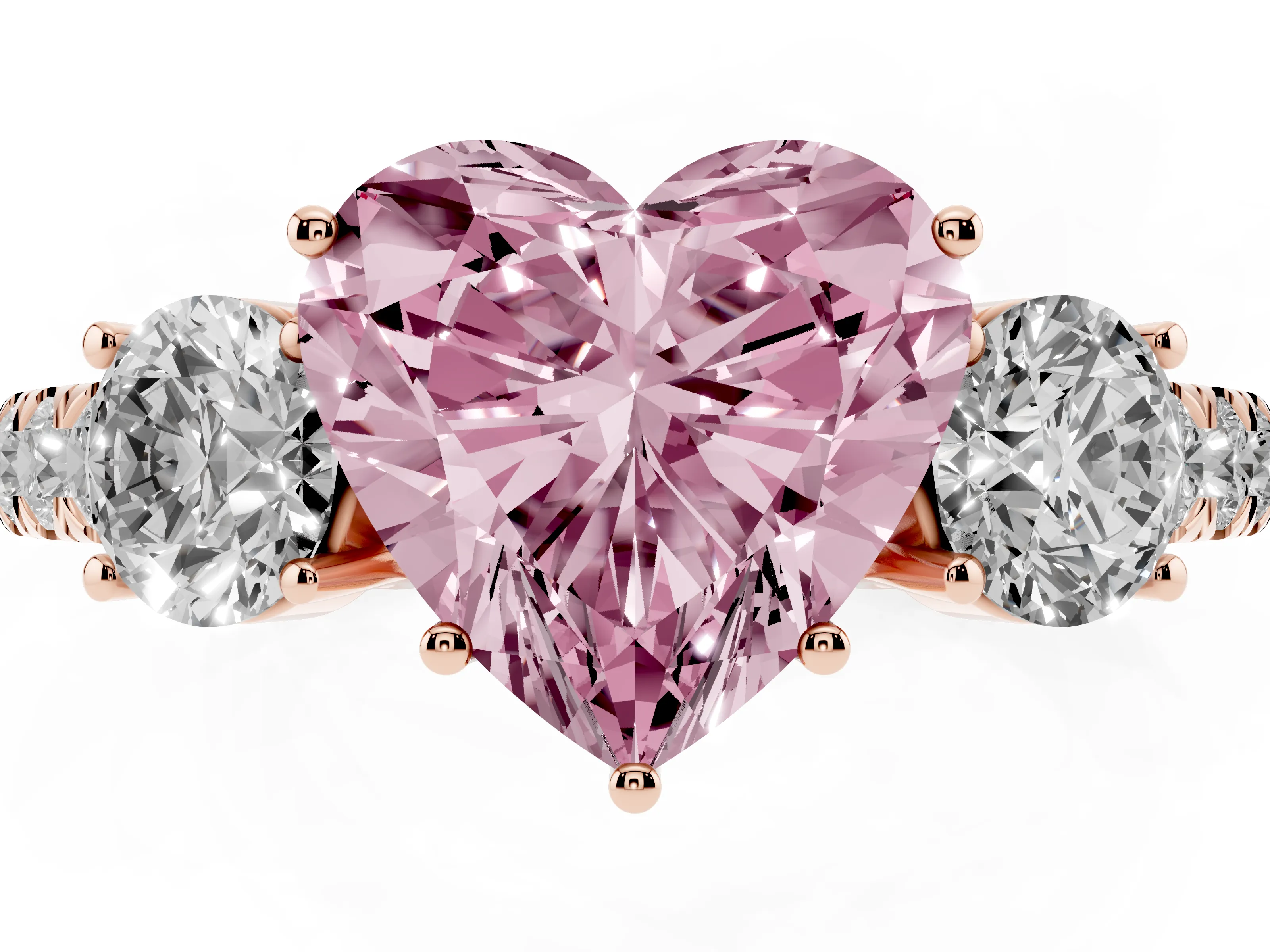 Fancy Pink Heart Cut Diamond Three-Stone Ring Set in Rose gold with Round Side Stones and Delicate Pavé Band