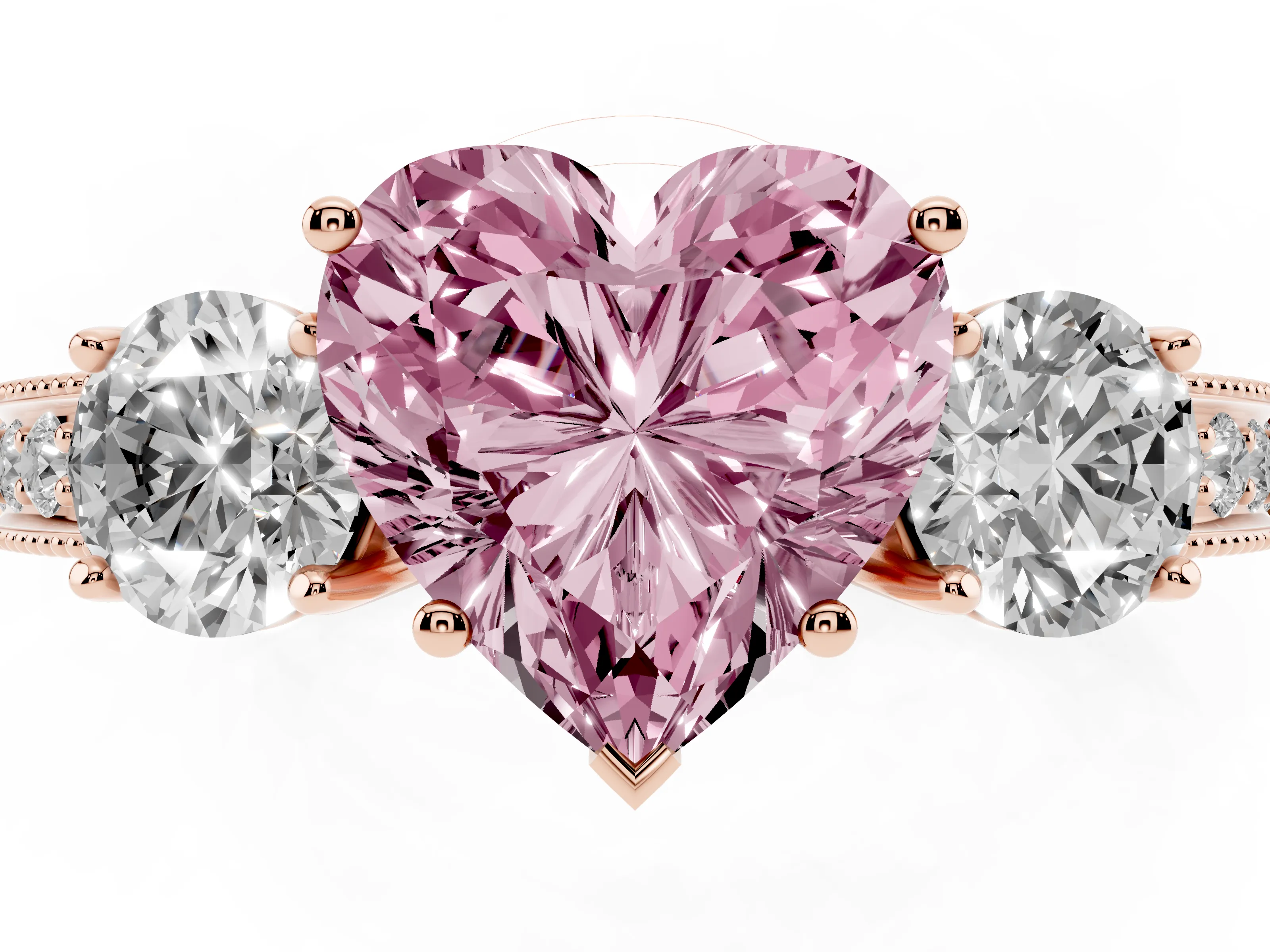 Fancy Pink Heart Cut Diamond Three-Stone Ring Set in Rose gold with Round Side Stones and Pavé Band