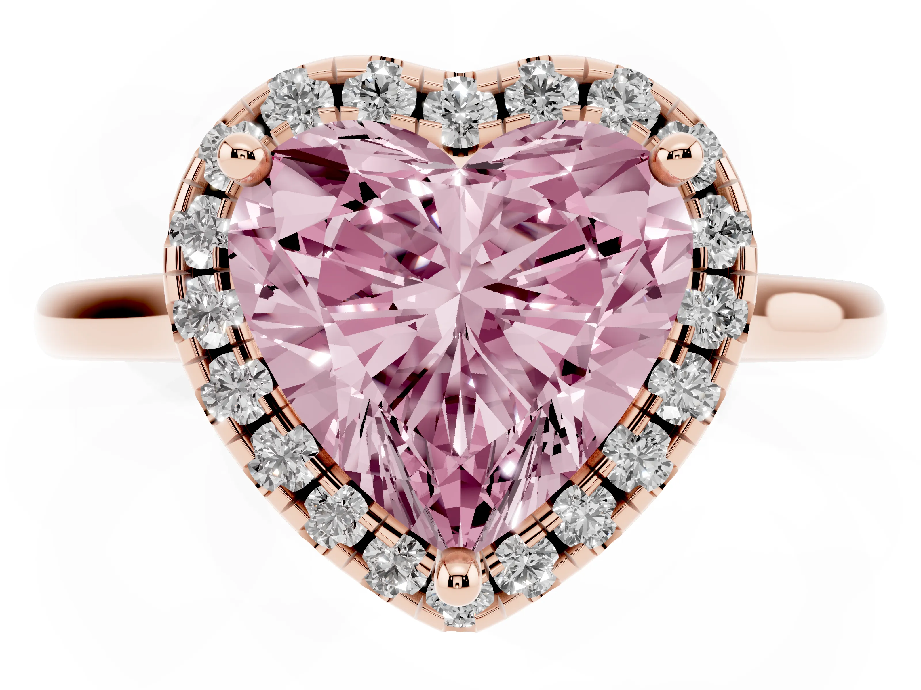 Fancy Pink Heart Cut Diamond Halo Engagement Ring Set in Rose gold with Pavé Band and Rising Shoulders