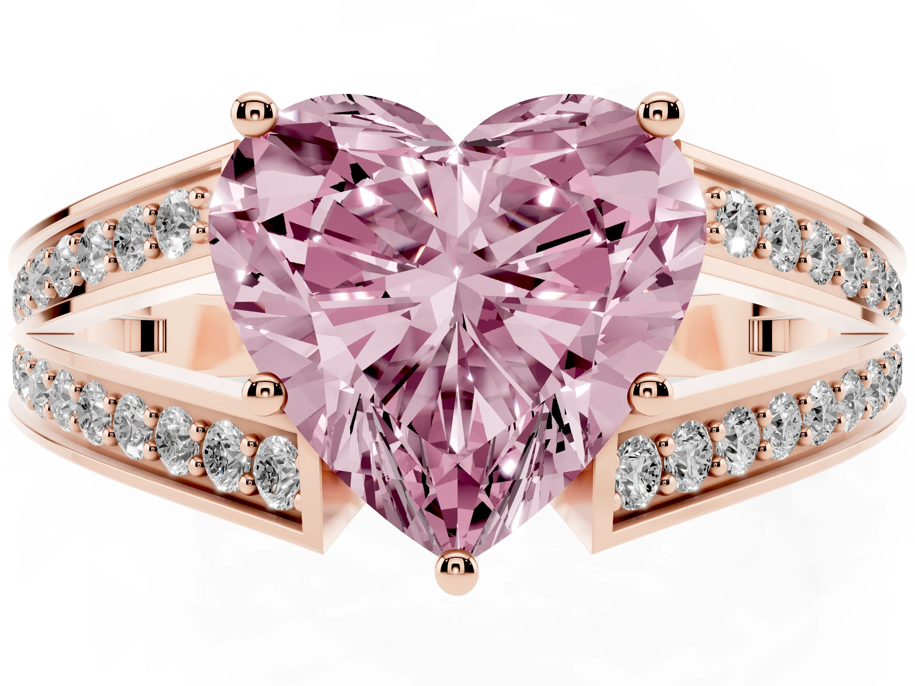Fancy Pink Heart Cut Diamond Split Shank Ring Set in Rose gold with Pavé Band and Prong Setting
