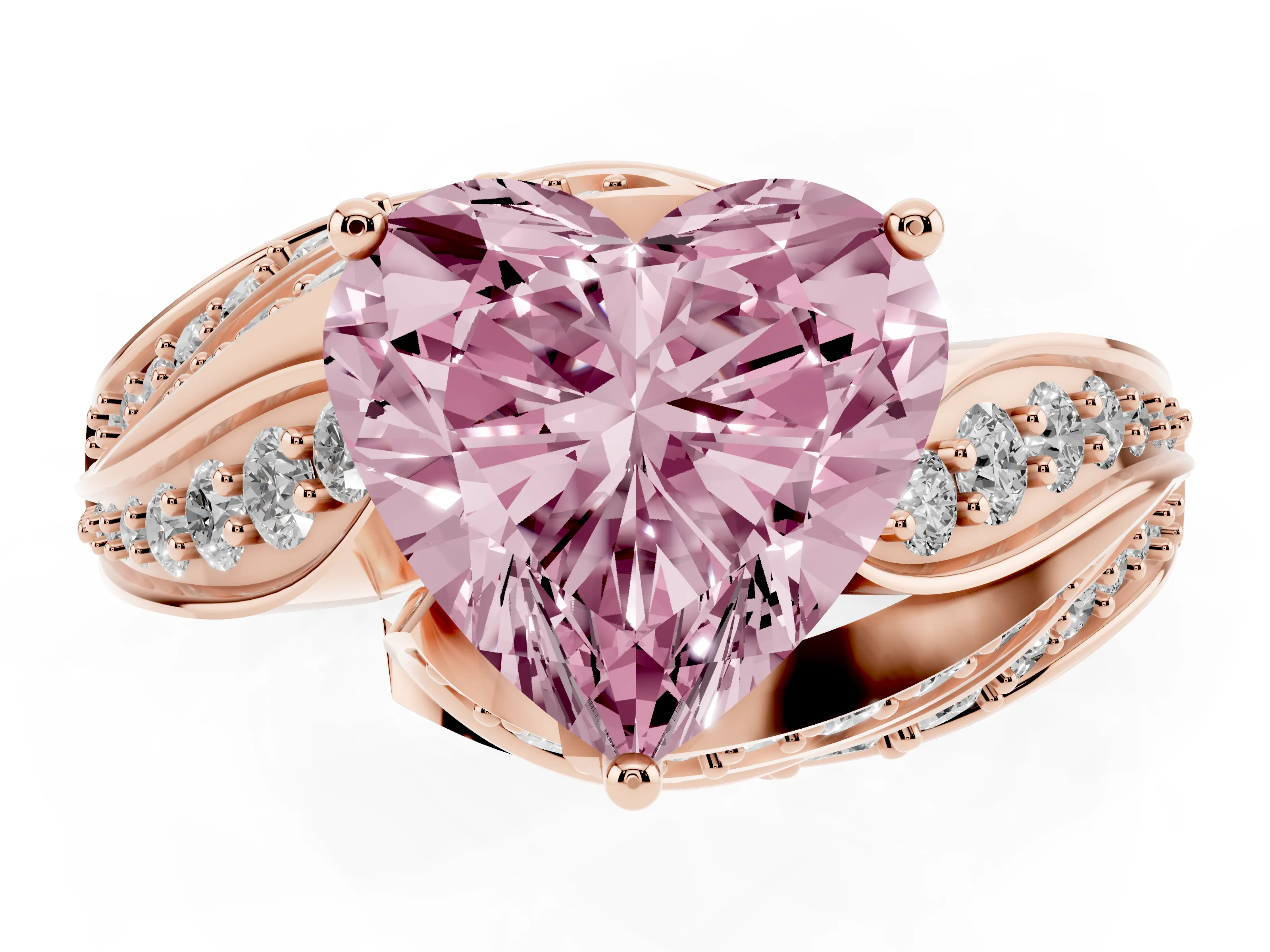 Fancy Pink Heart Cut Diamond Solitaire Ring Set in Rose gold with Layered Twist Pavé Band