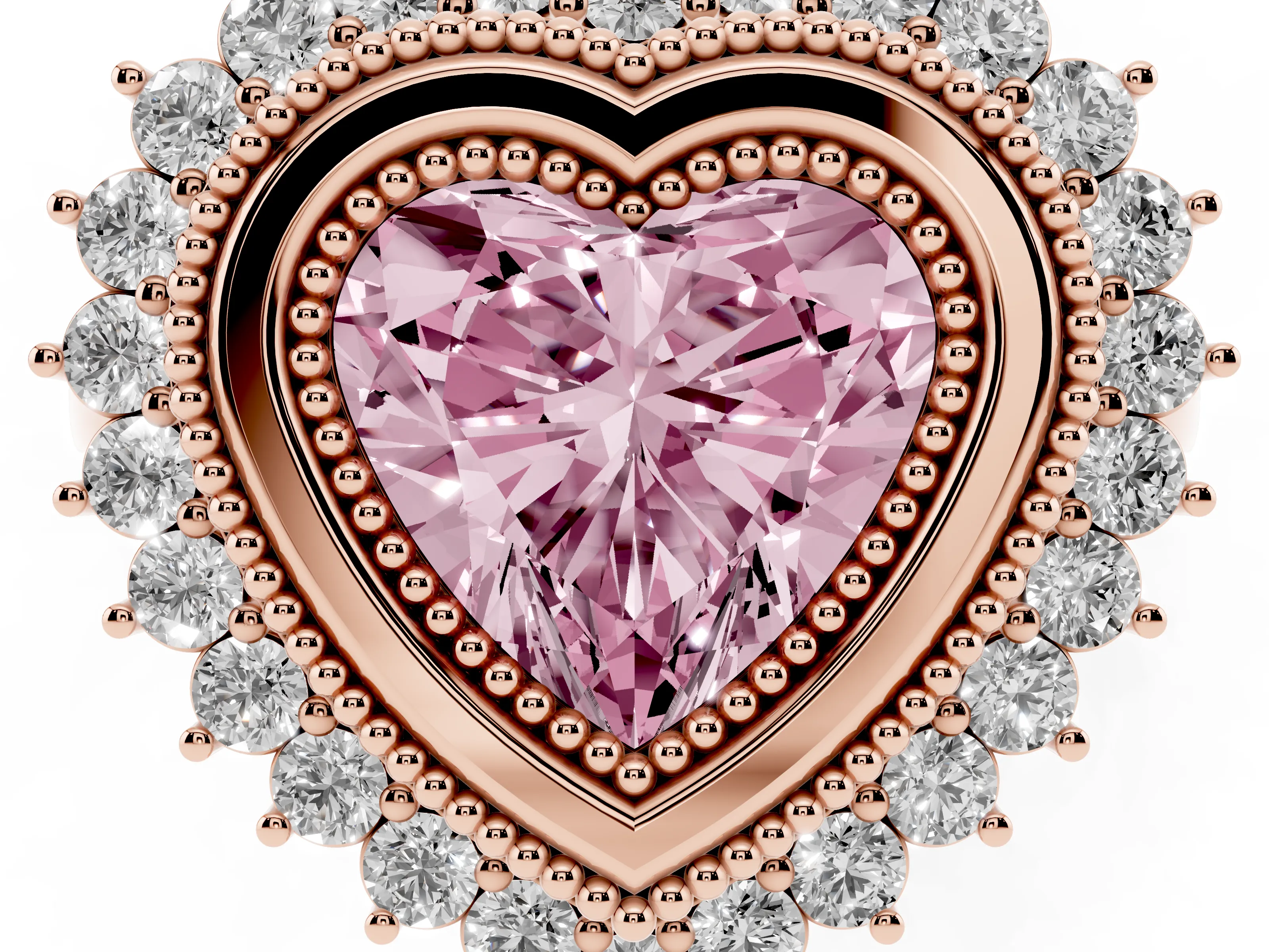 Fancy Pink Heart Cut Diamond Halo Ring Set in Rose gold with Milgrain Edge and Round Prong Setting