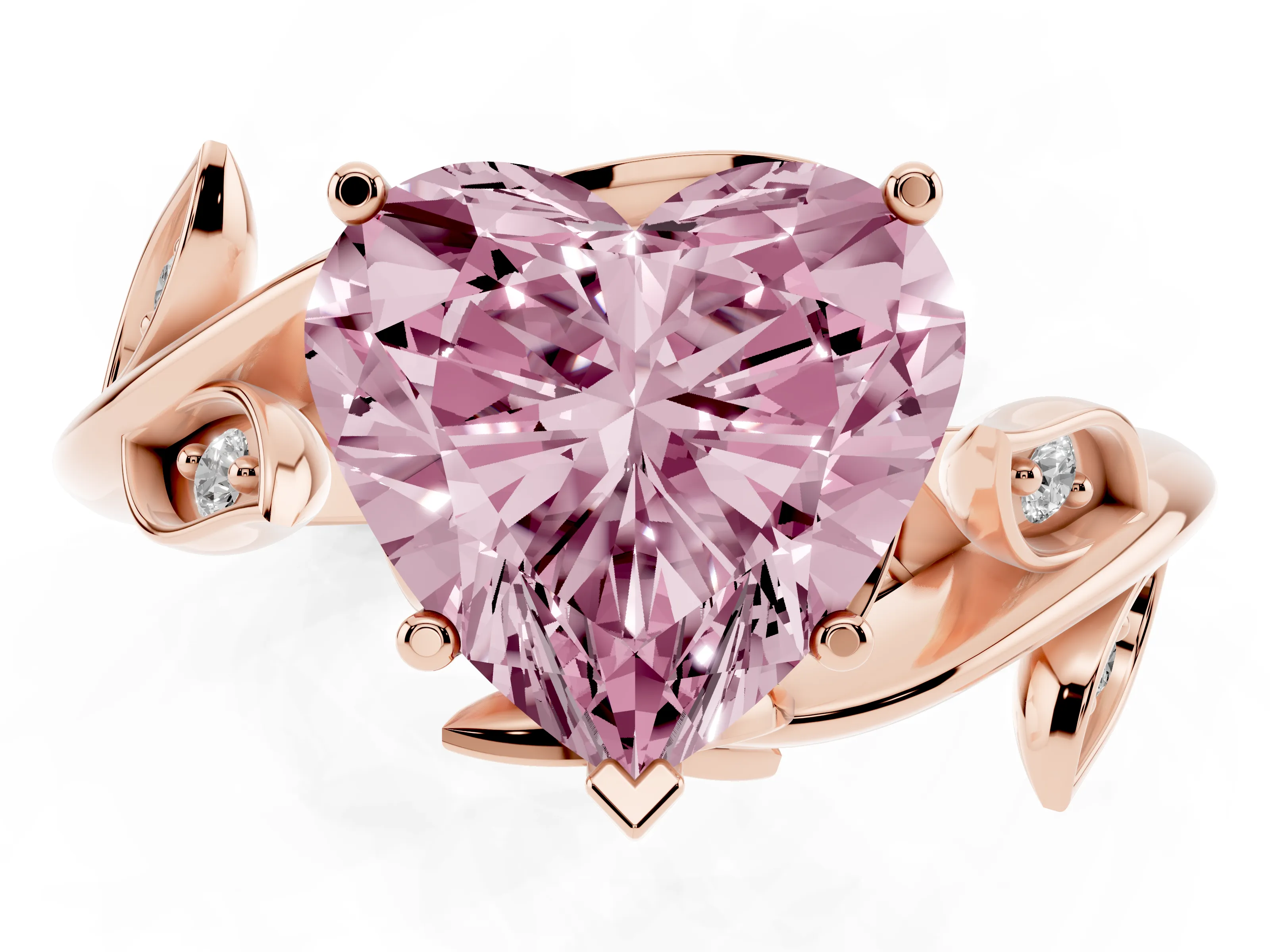 Fancy Pink Heart Cut Diamond Solitaire Twist Engagement Ring Set in Rose gold with Pavé Leaf Accents