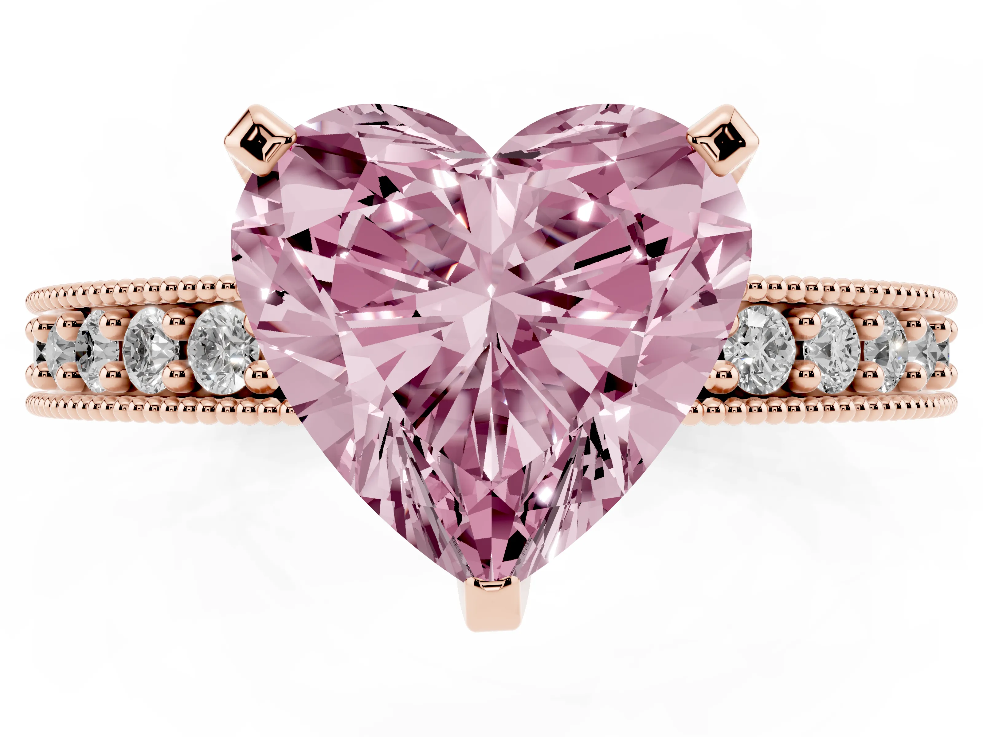 Fancy Pink Heart Cut Diamond Milgrain Pavé Engagement Ring Set in Rose gold with Prong Setting