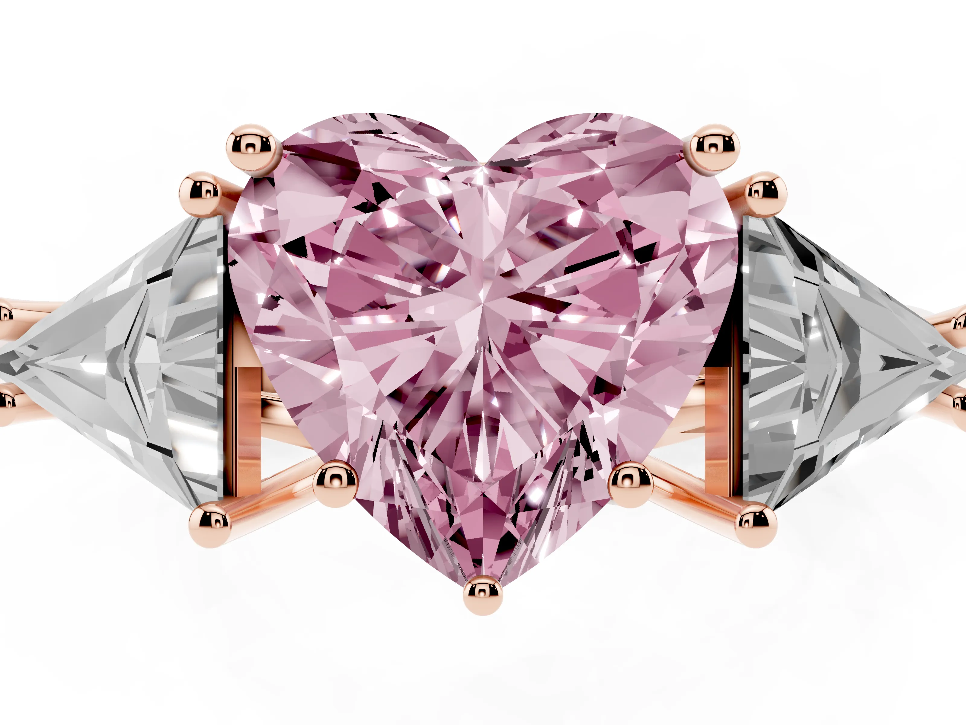 Fancy Pink Heart Cut Diamond Three-Stone Engagement Ring Set in Rose gold with Trillion Side Stones
