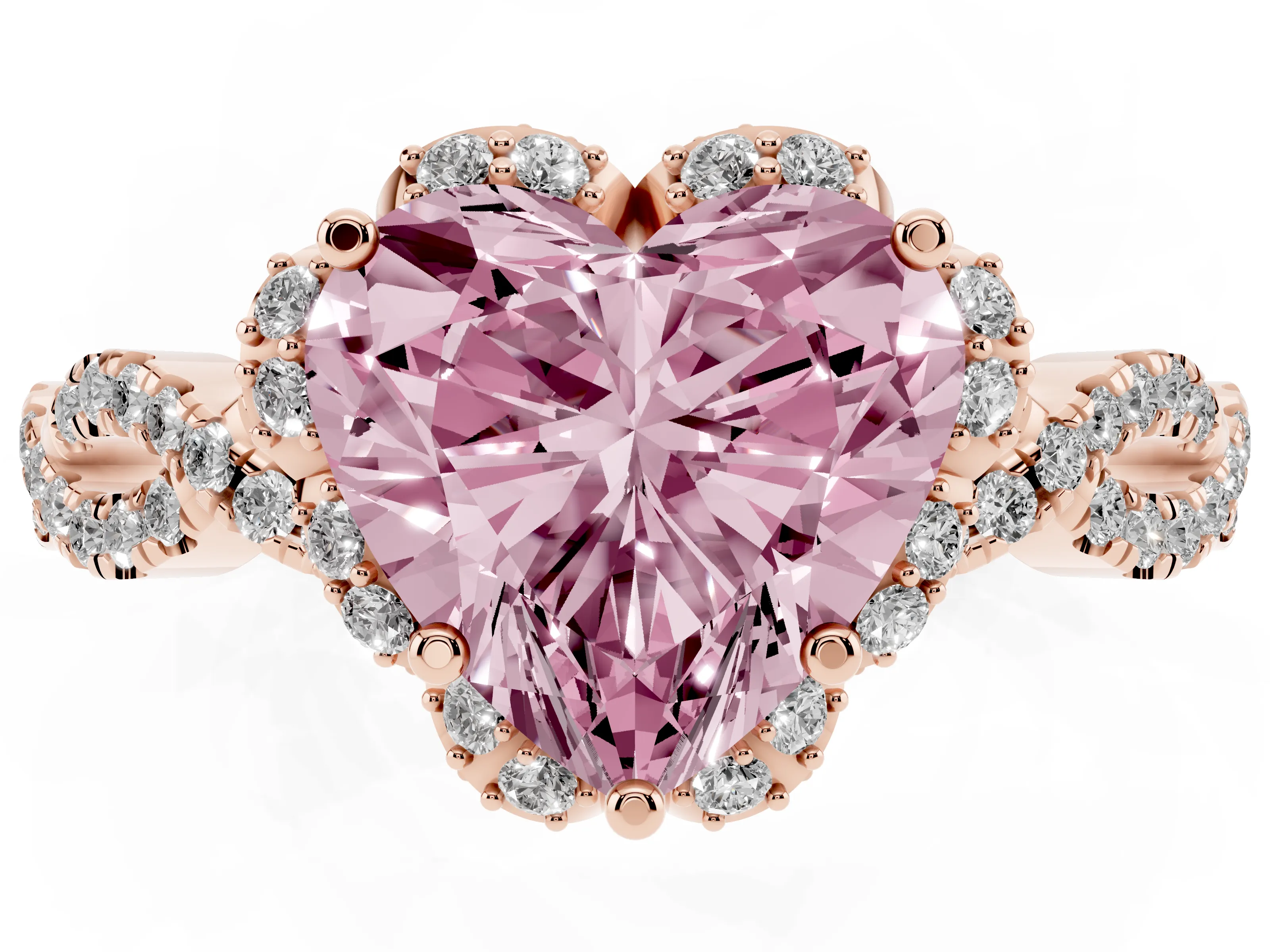 Fancy Pink Heart Cut Diamond Halo Twist Band Solitaire Ring Set in Rose gold with Prong-Set Center Stone