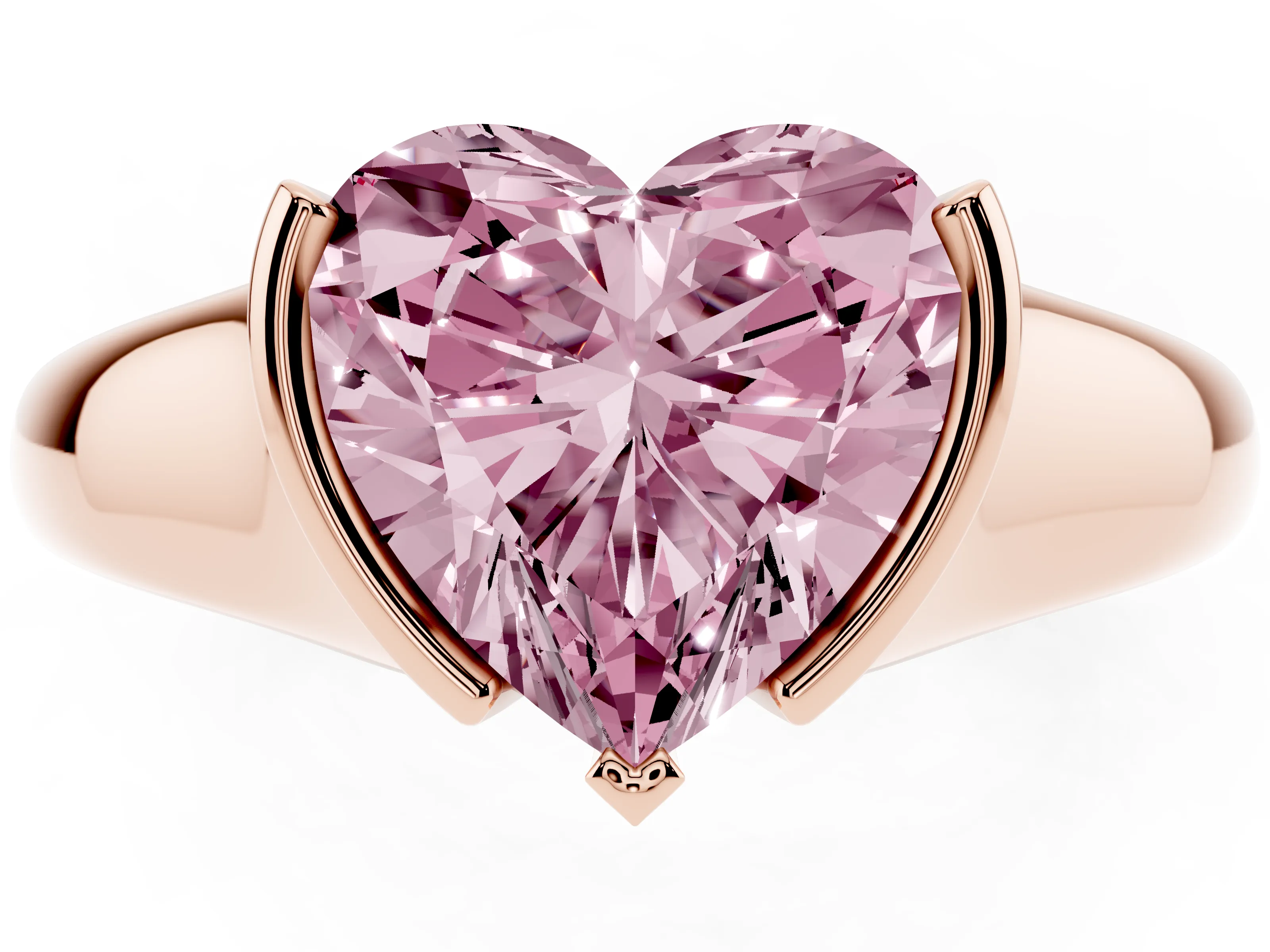 Fancy Pink Heart Cut Diamond Solitaire Tension Set Ring Set in Rose gold with Split Shank Band
