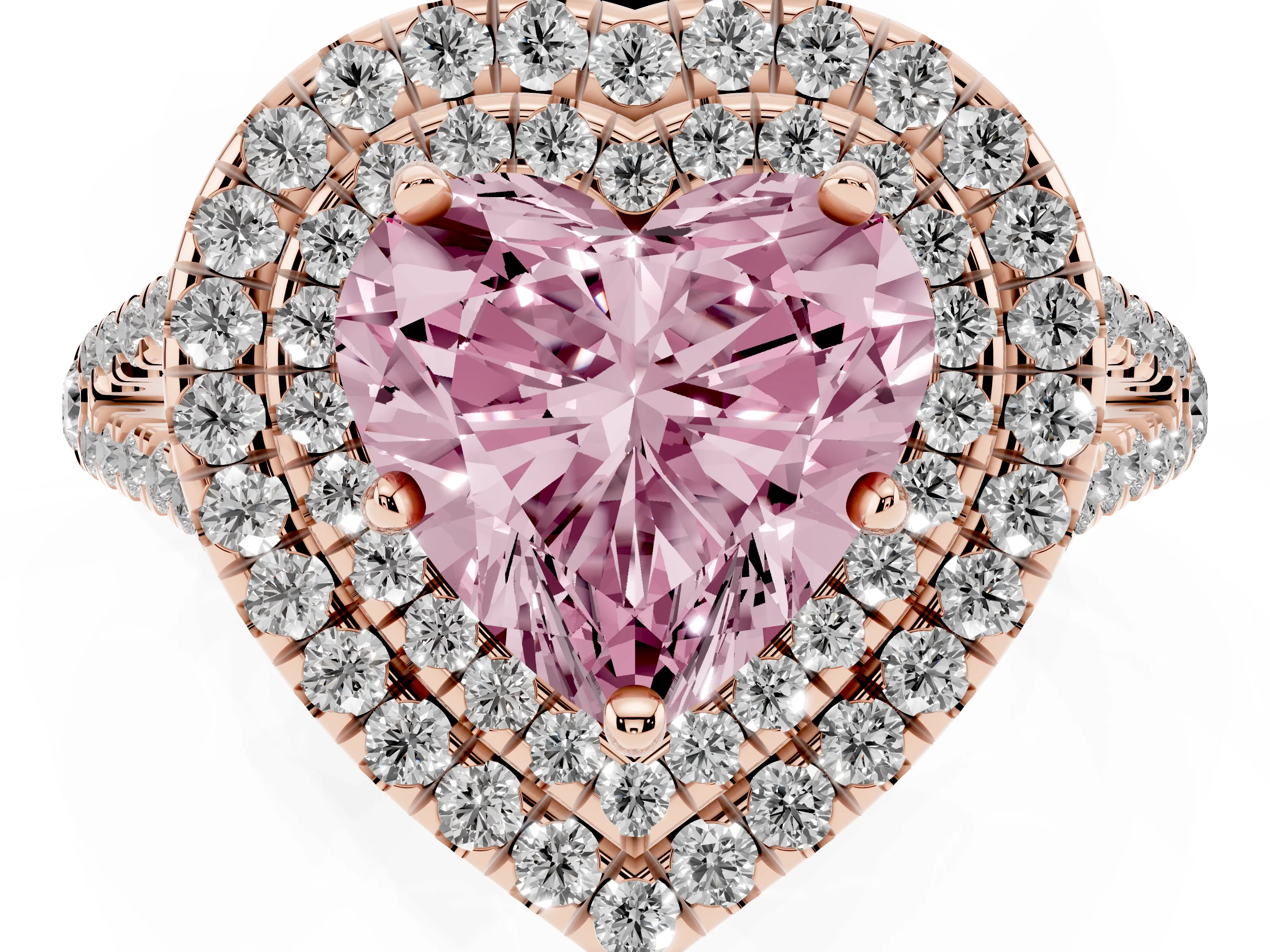 Fancy Pink Heart Cut Diamond Double Halo Ring Set in Rose gold with Pavé Band
