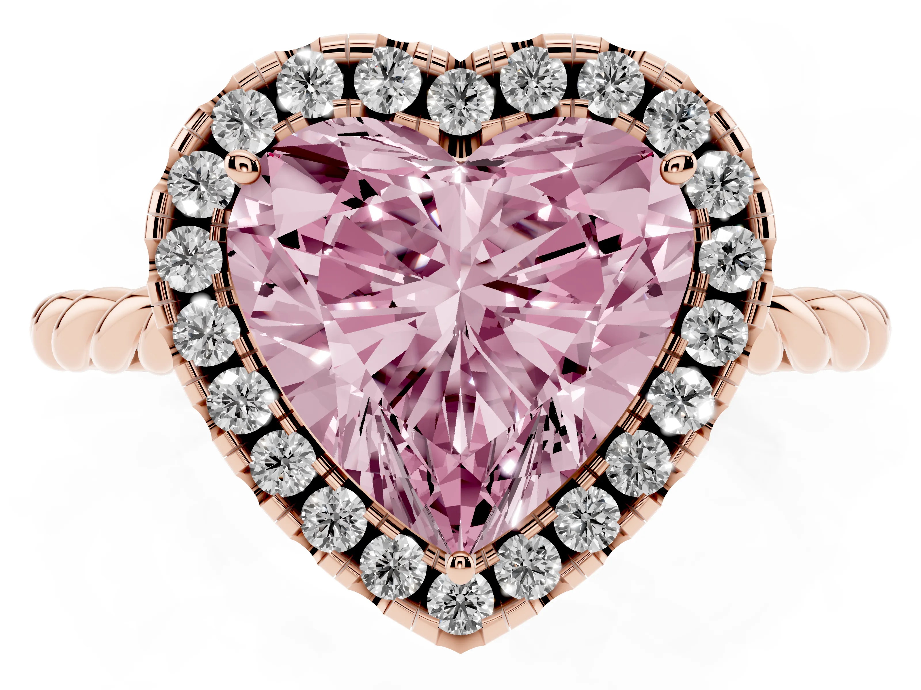 Fancy Pink Heart Cut Diamond Halo Ring Set in Rose gold with Plain Twisted Band