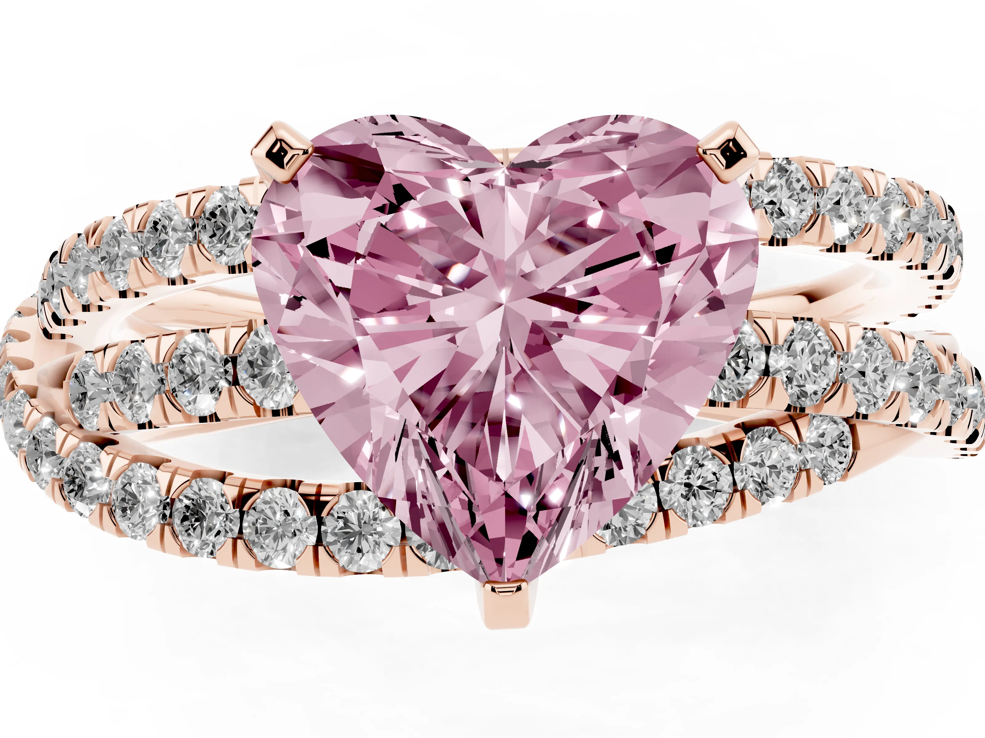 Fancy Pink Heart Cut Diamond Solitaire Twist Band Ring Set in Rose gold with Pavé Setting and Prong Head