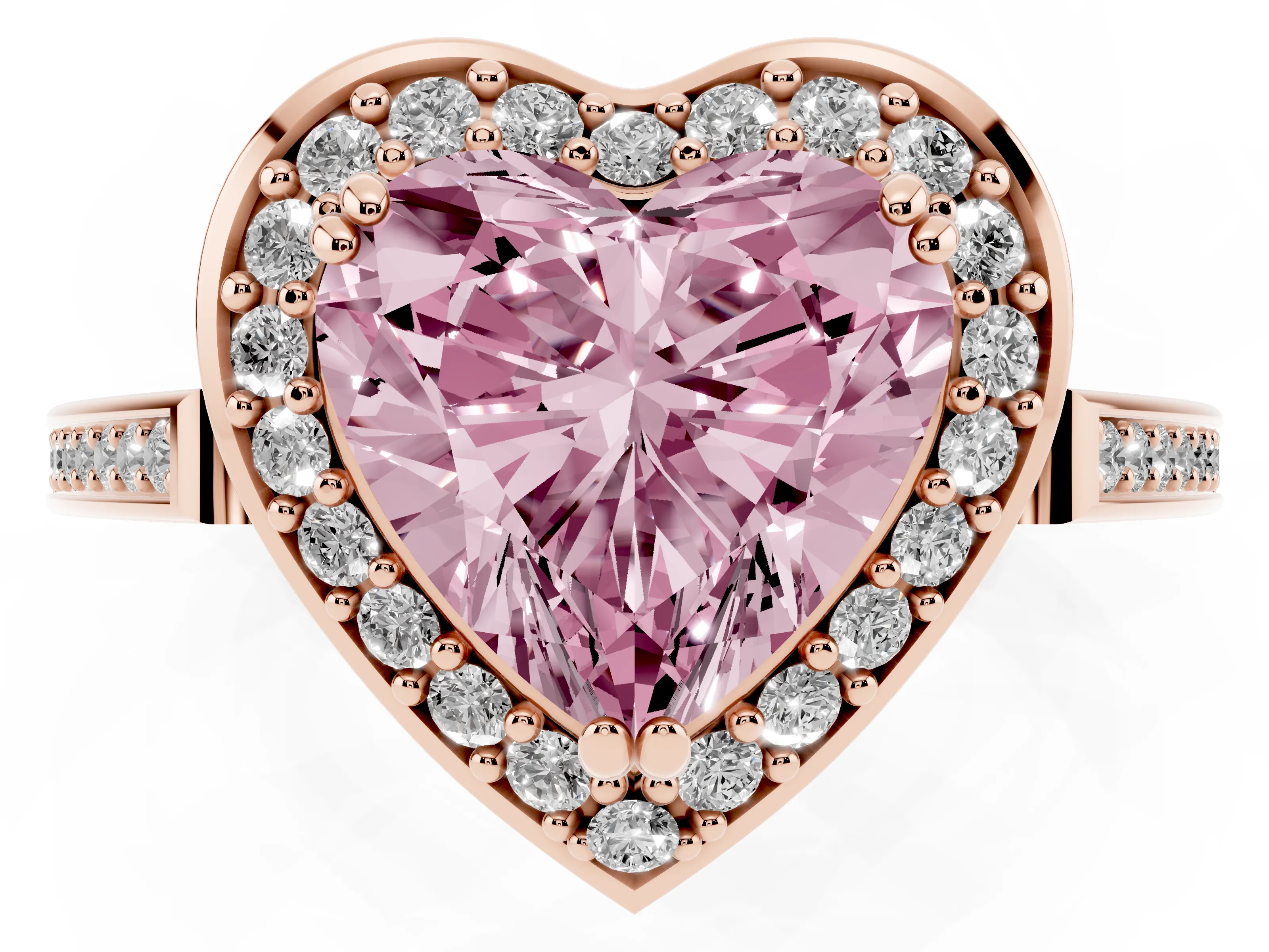 Fancy Pink Heart Cut Diamond Halo Ring Set in Rose gold with Accent-Lined Split Shank and Prong Setting