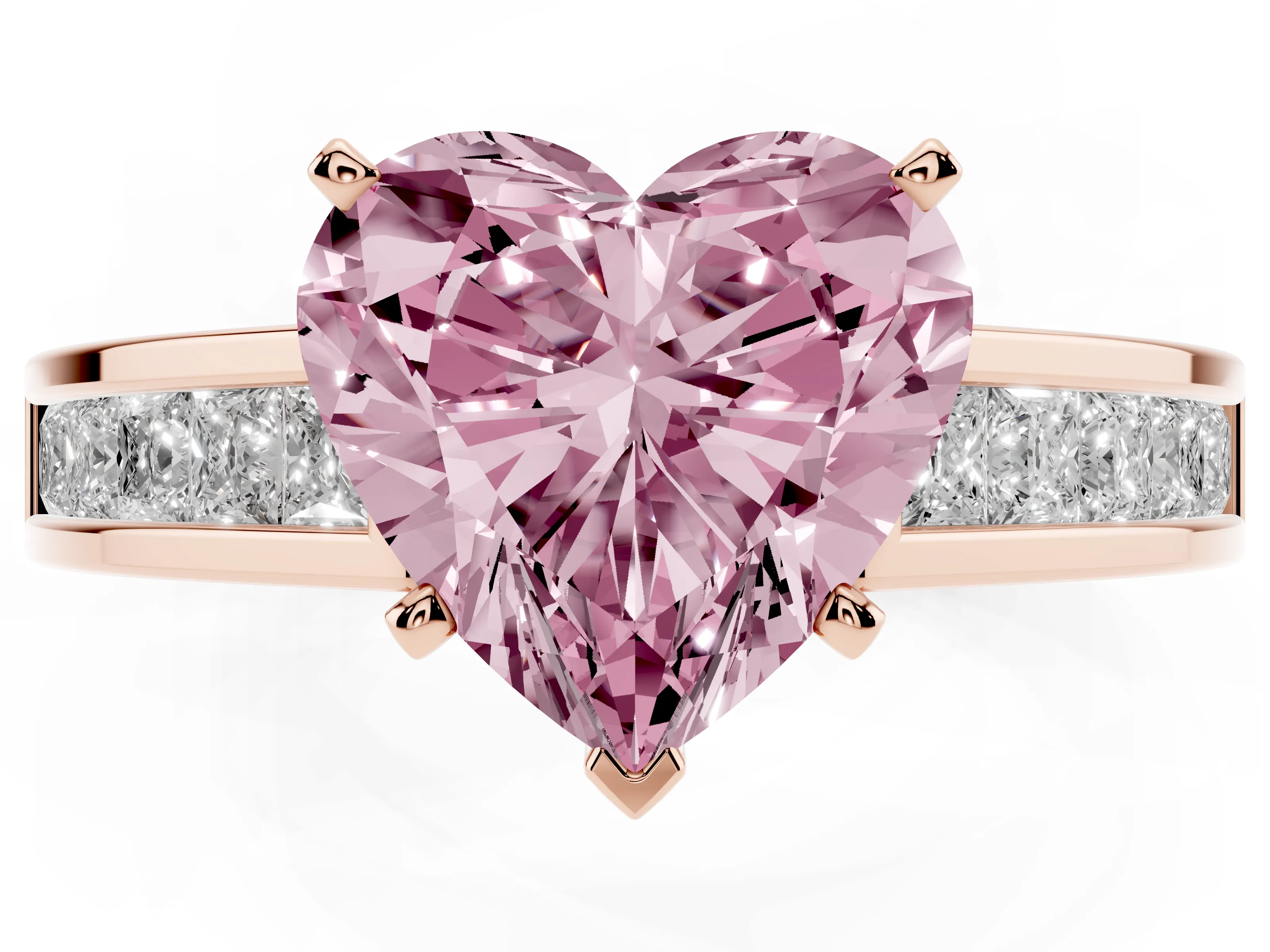 Fancy Pink Heart Cut Diamond Solitaire Ring Set in Rose gold with Channel-Set Band and Prong Setting