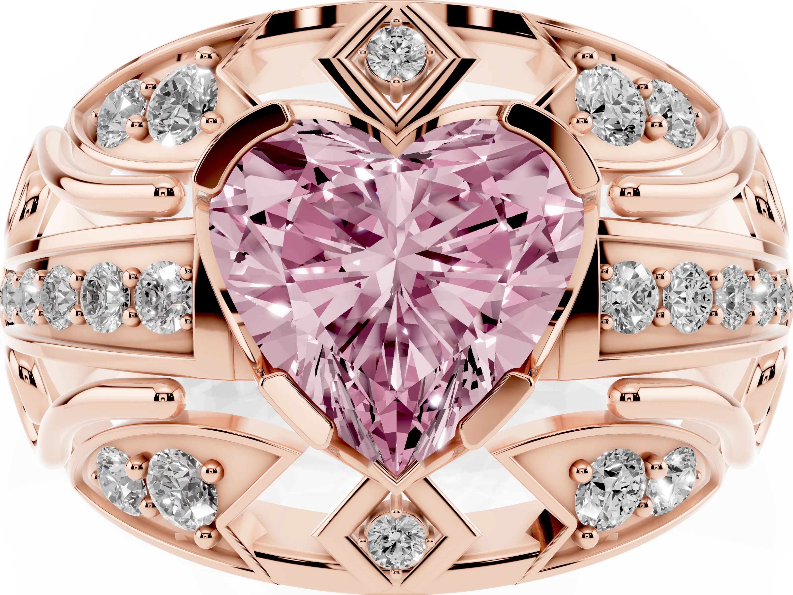Fancy Pink Heart Cut Diamond Art Deco Ring Set in Rose gold with Pavé Split Shank