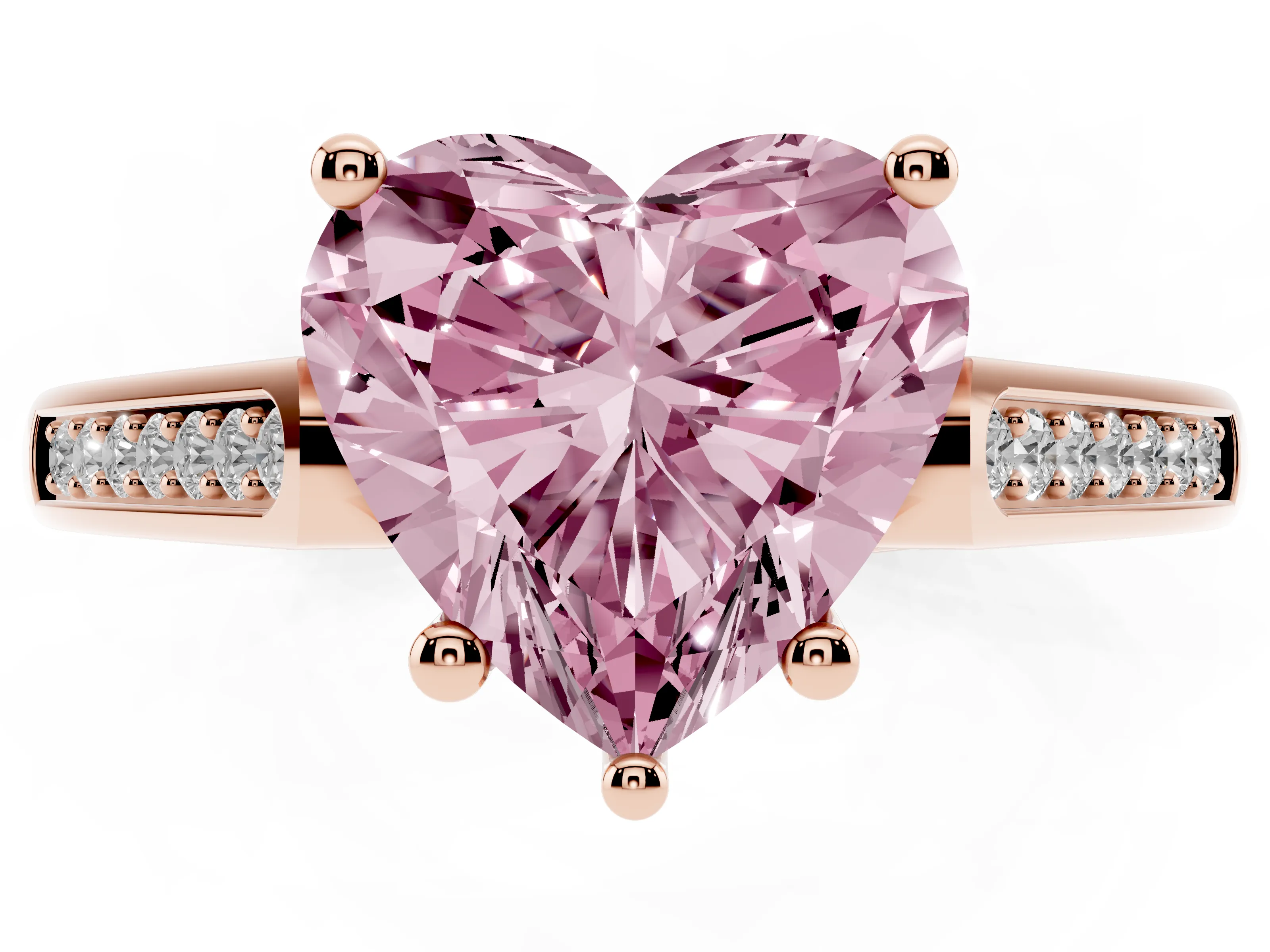 Fancy Pink Heart Cut Diamond Solitaire Cathedral Engagement Ring Set in Rose gold with Channel-Set Band and Prong Setting