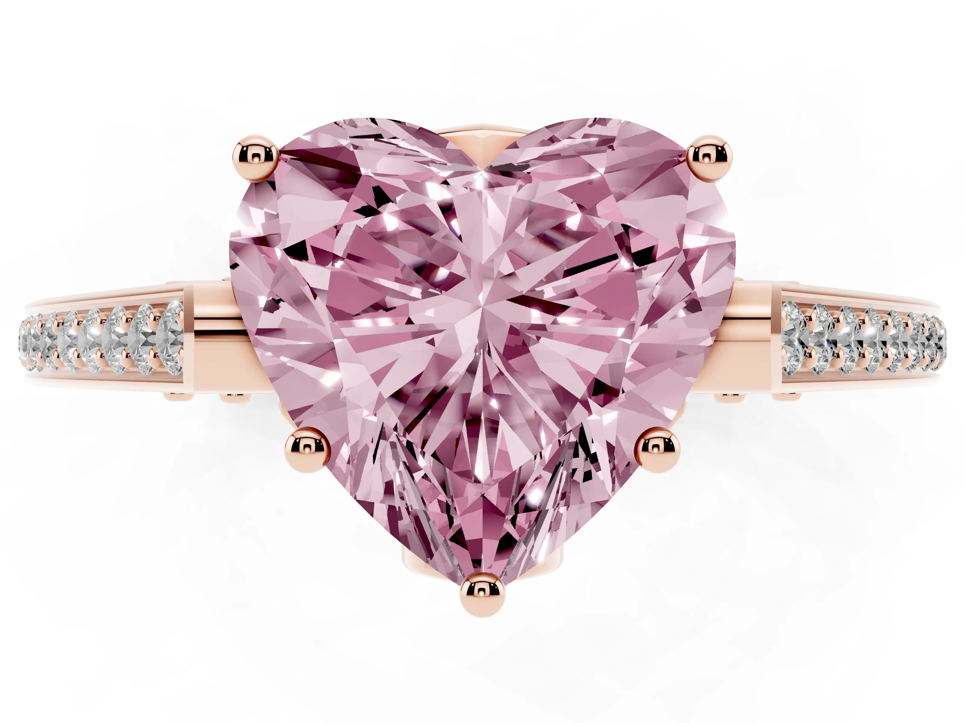 Fancy Pink Heart Cut Diamond Cathedral Pavé Engagement Ring Set in Rose gold with Prong Setting