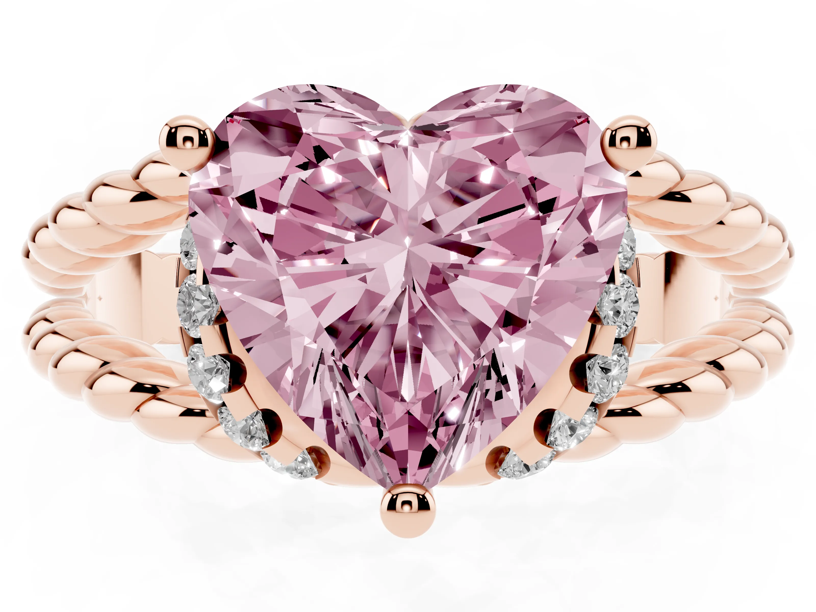 Fancy Pink Heart Cut Diamond Halo Ring Set in Rose gold with Twisted Band and Prong Setting